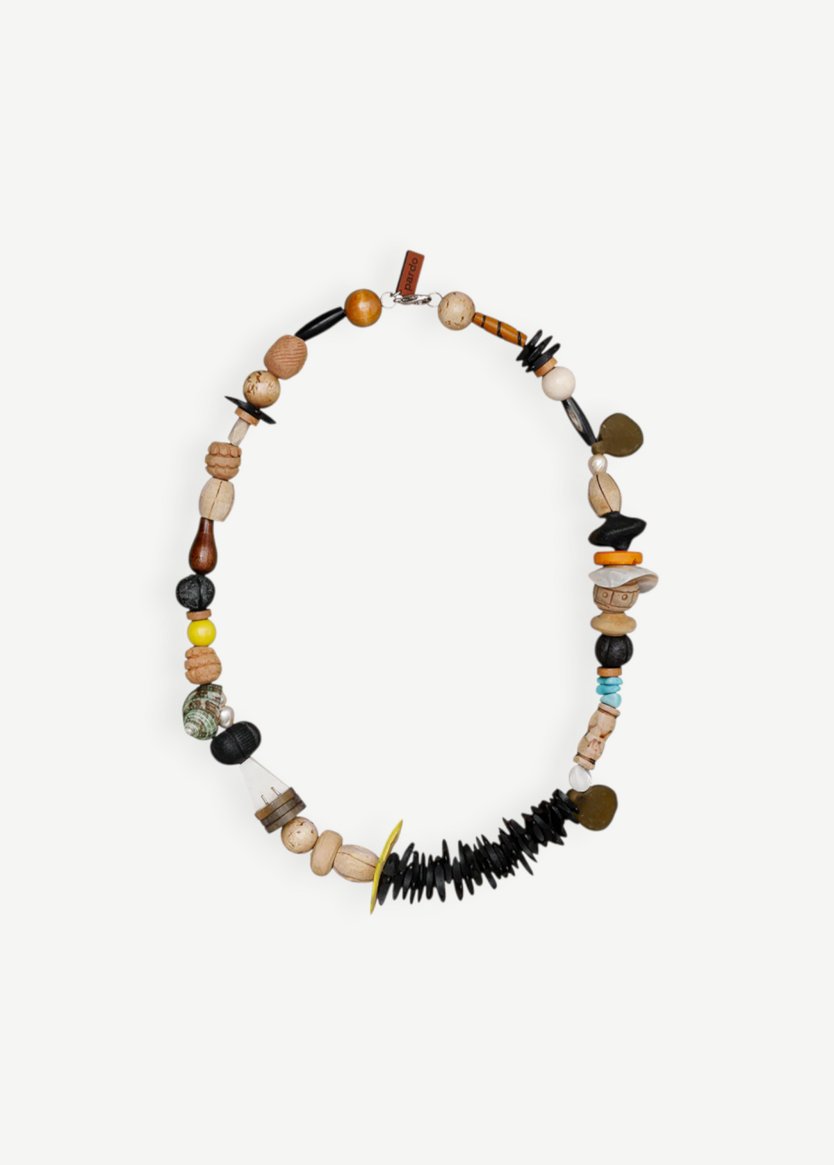 KABE SHOP INC Tesoro necklace featuring eclectic mixed beads of wood, coconut, seashell, resin, and stone with a clasp.