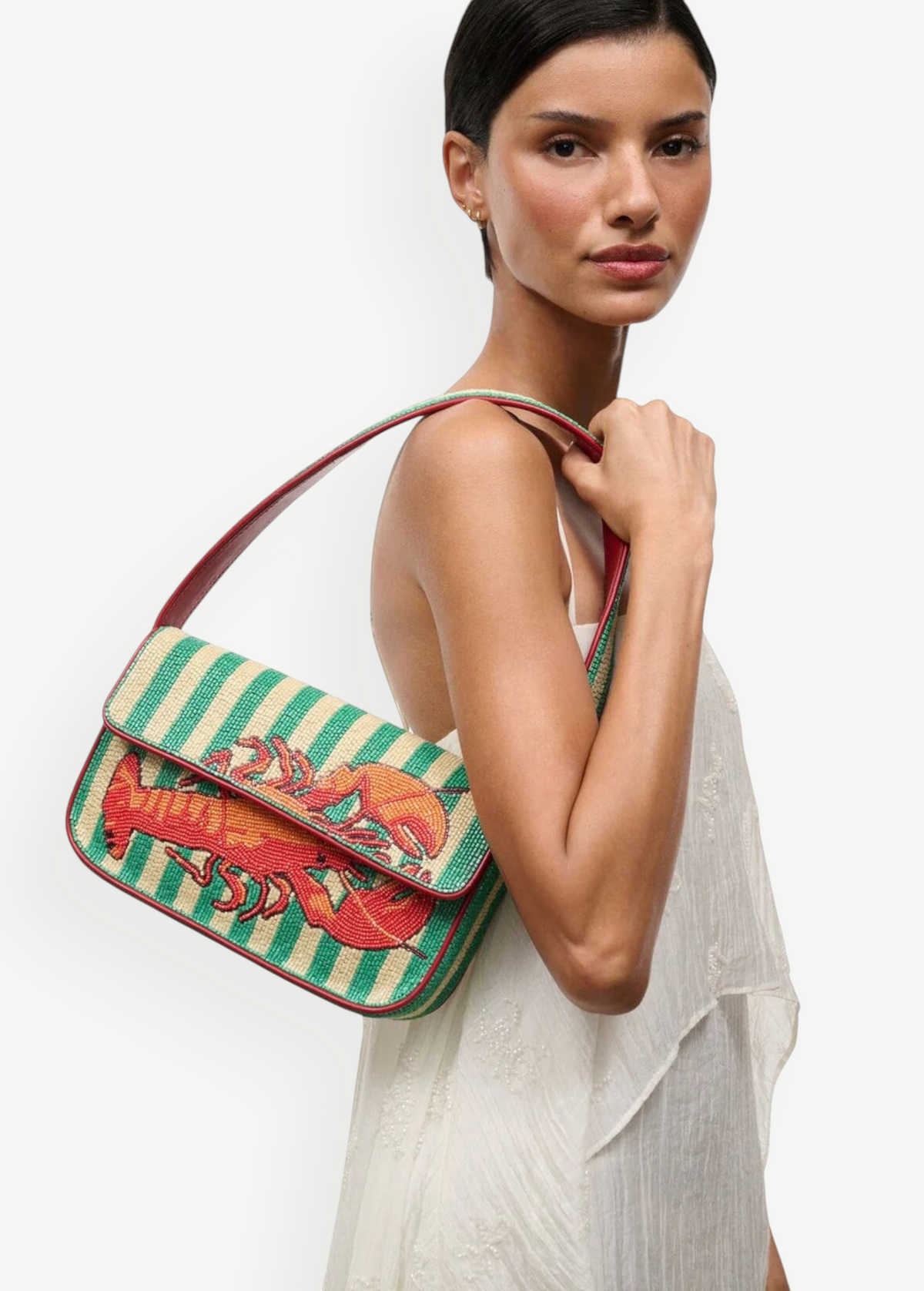 KABE SHOP INC Tommy shoulder bag featuring a green and cream striped pattern with a vibrant red lobster beaded design.