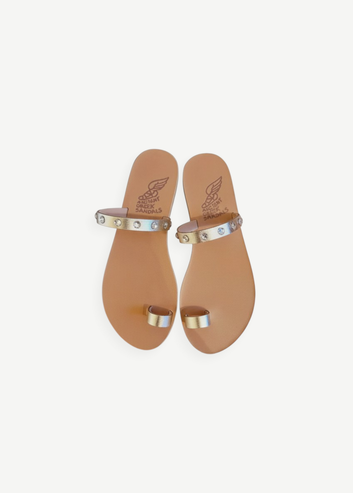 KABE SHOP INC Audrey sandals in gold vachetta leather with Swarovski crystal embellishments and a toe loop design.