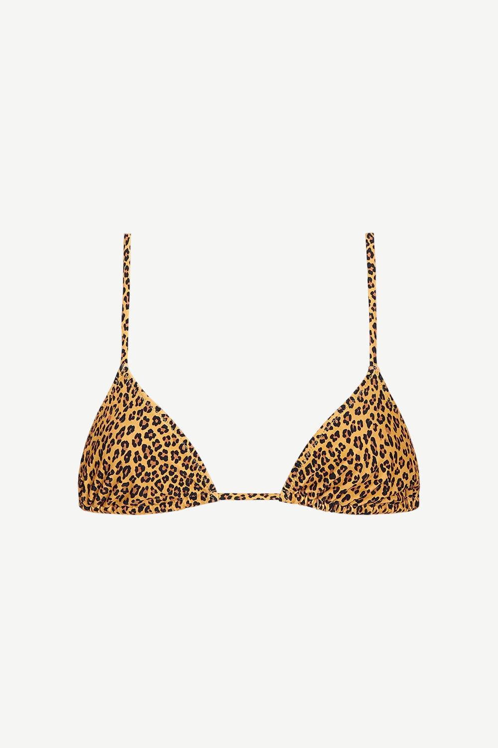 Equator Top: Triangle bikini top featuring leopard print, thin adjustable straps, and triangle-shaped cups, crafted from recycled nylon swimwear material and displayed on a white background.