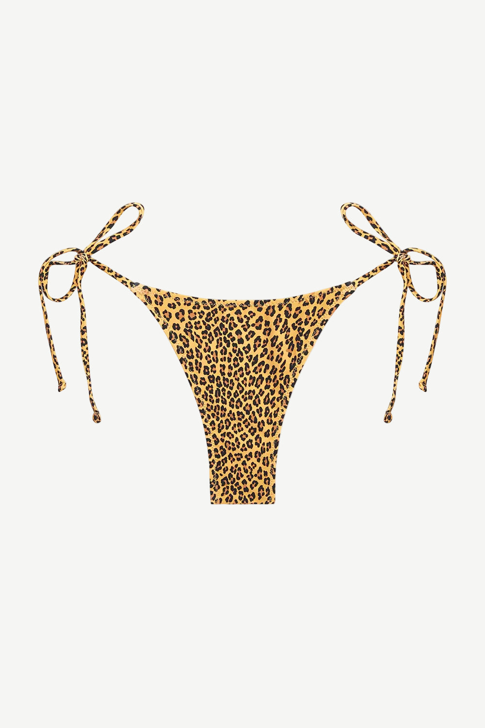 Praia Bottom triangle bikini bottom in leopard print, featuring adjustable side ties and minimal back coverage, displayed against a white background.