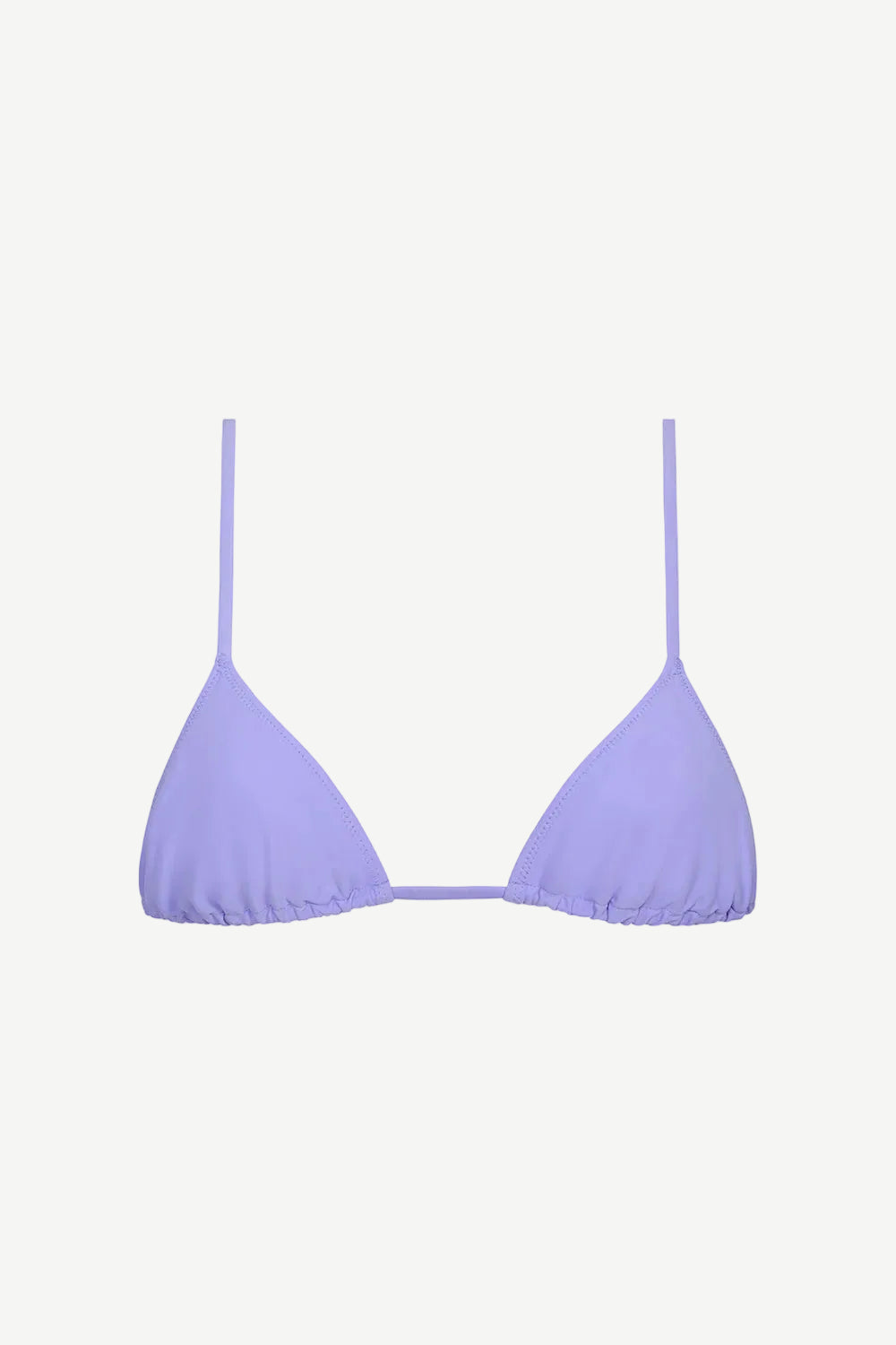 The Equator Top, a light purple triangle bikini top with thin adjustable straps and a minimal design, is crafted from regenerated polyamide for an eco-friendly swimwear choice and features built-in UV protection. Shown on a white background.