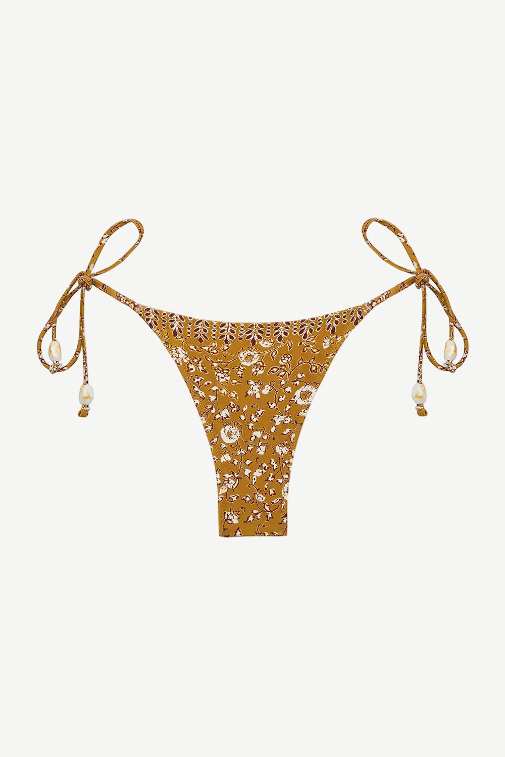 Praia Bottom: A gold beaded bikini bottom featuring a delicate white floral print, thin adjustable side ties embellished with beads, and a high-cut silhouette, made from recycled nylon swimwear material and showcased on a plain white background.