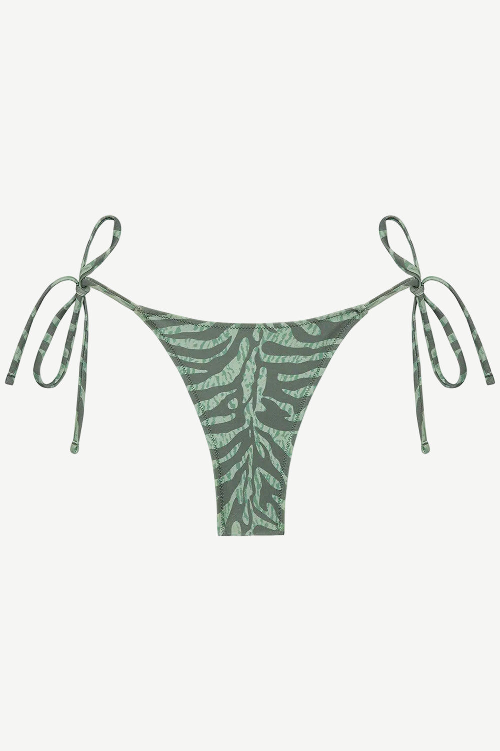 Praia Bottom made from recycled nylon swimwear material, featuring a leaf-inspired print and beaded tie side strings, shown on a white background.