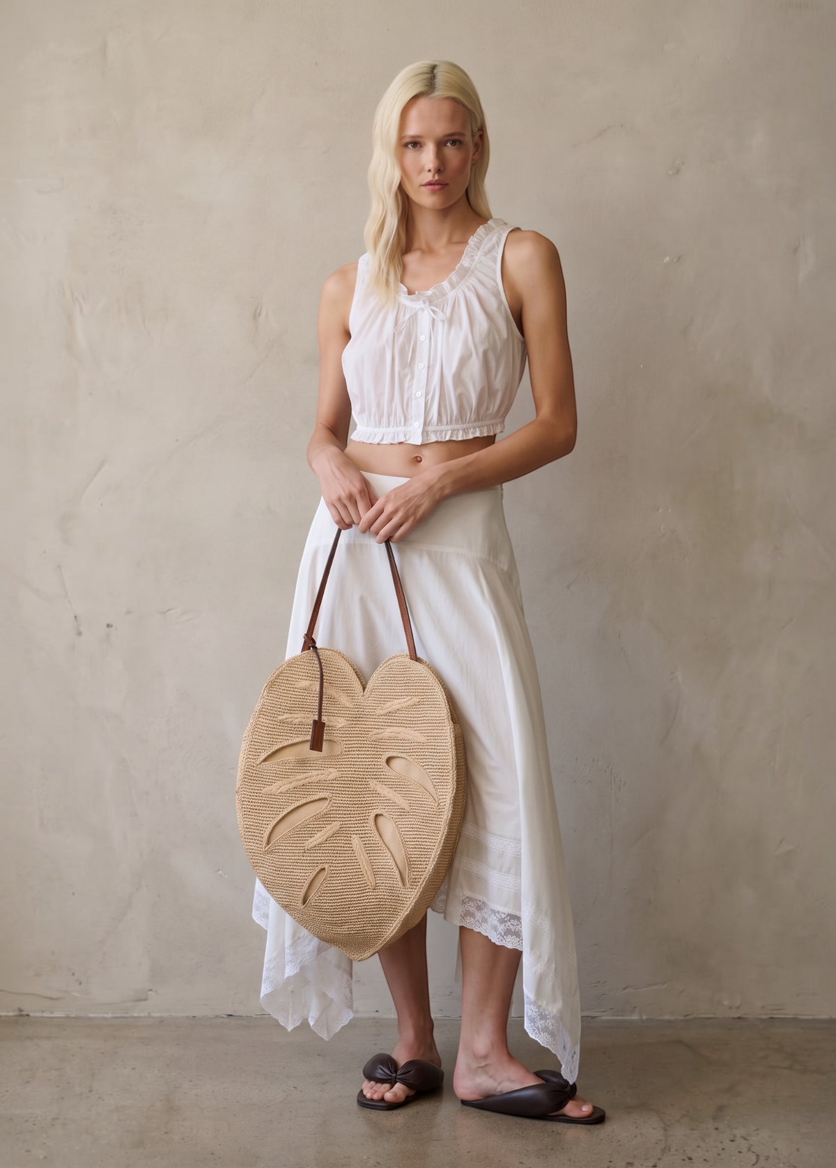 KABE SHOP INC large palm leaf shaped raffia bag with brown leather handles held by a blonde model in white summer wear