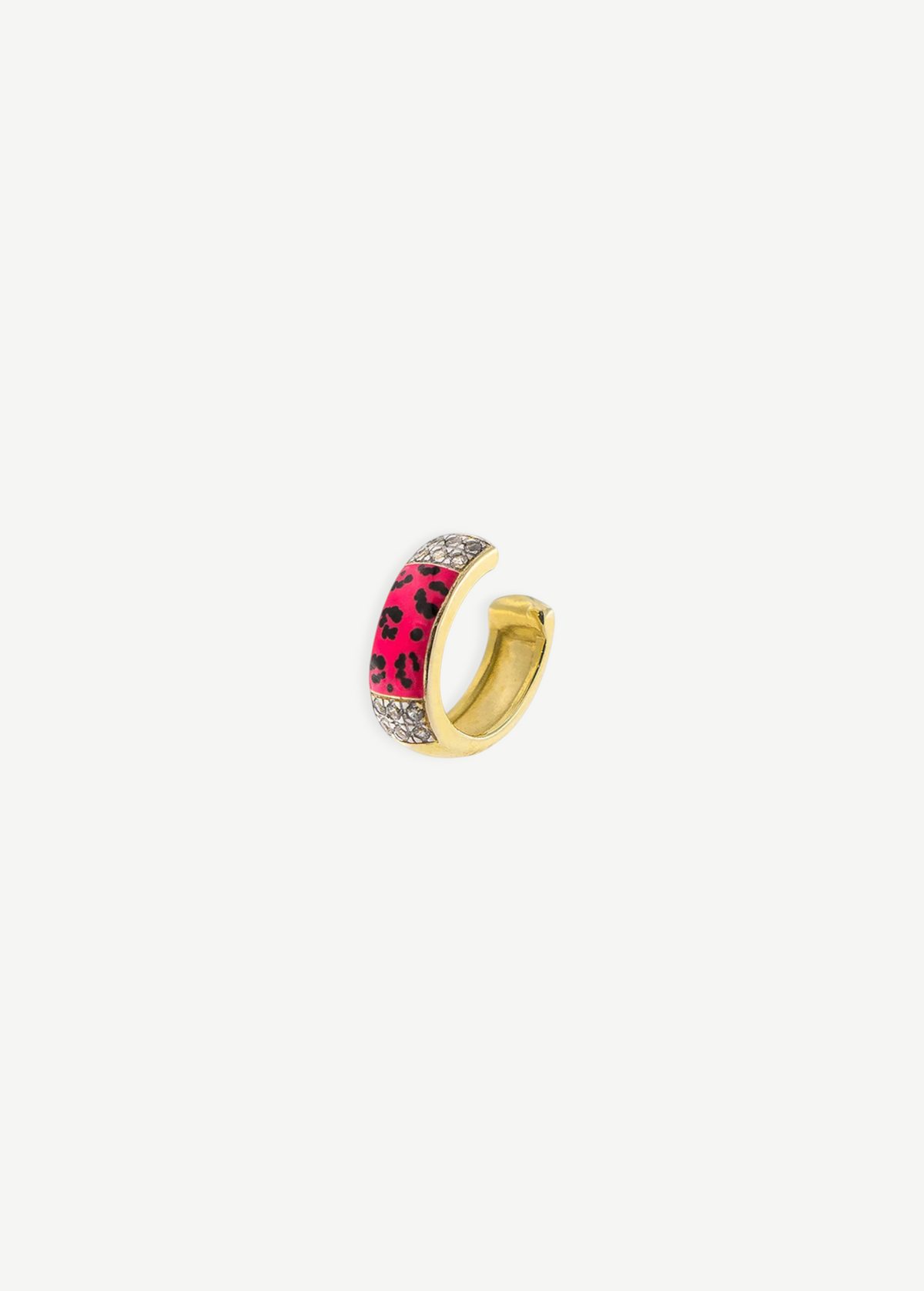 KABE SHOP INC gold ear cuff with pink leopard print enamel and sparkling zirconia stones, no piercing required.