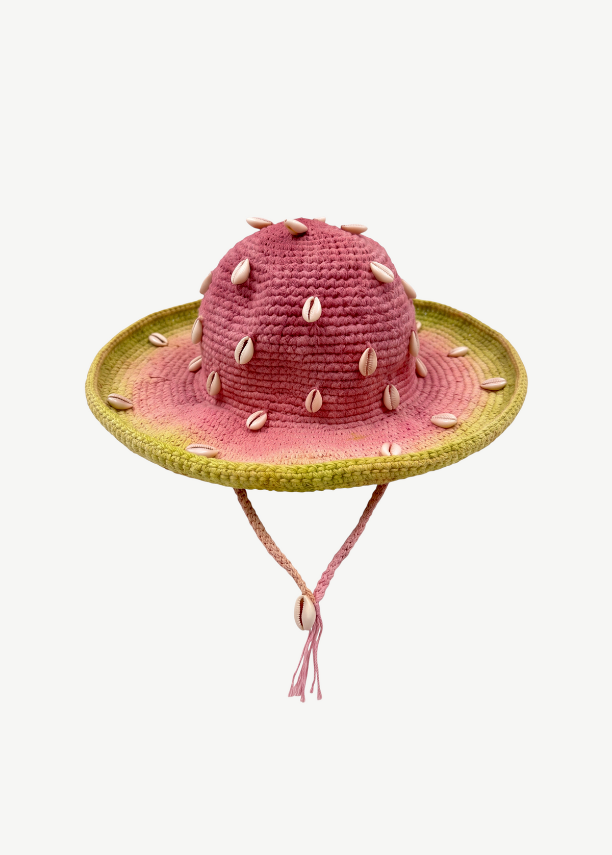 KABE SHOP INC Wika crochet hat in pink and green tie-dye with decorative white seashells and a chin strap
