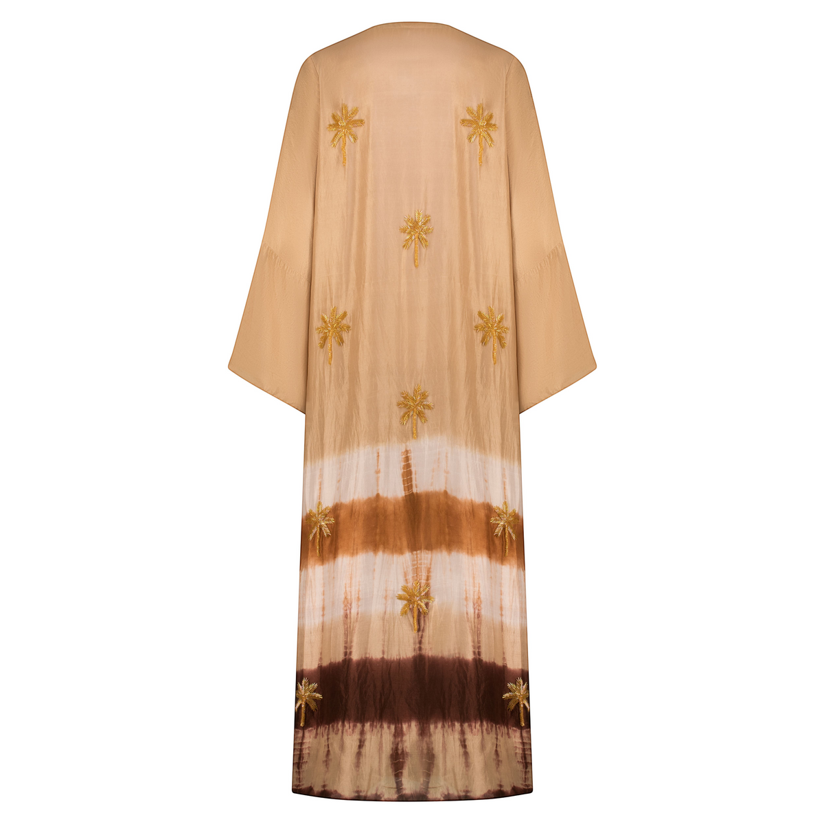 KABE SHOP INC The Sharis raw silk kimono in beige and brown tie-dye with hand-embellished gold palm tree details.