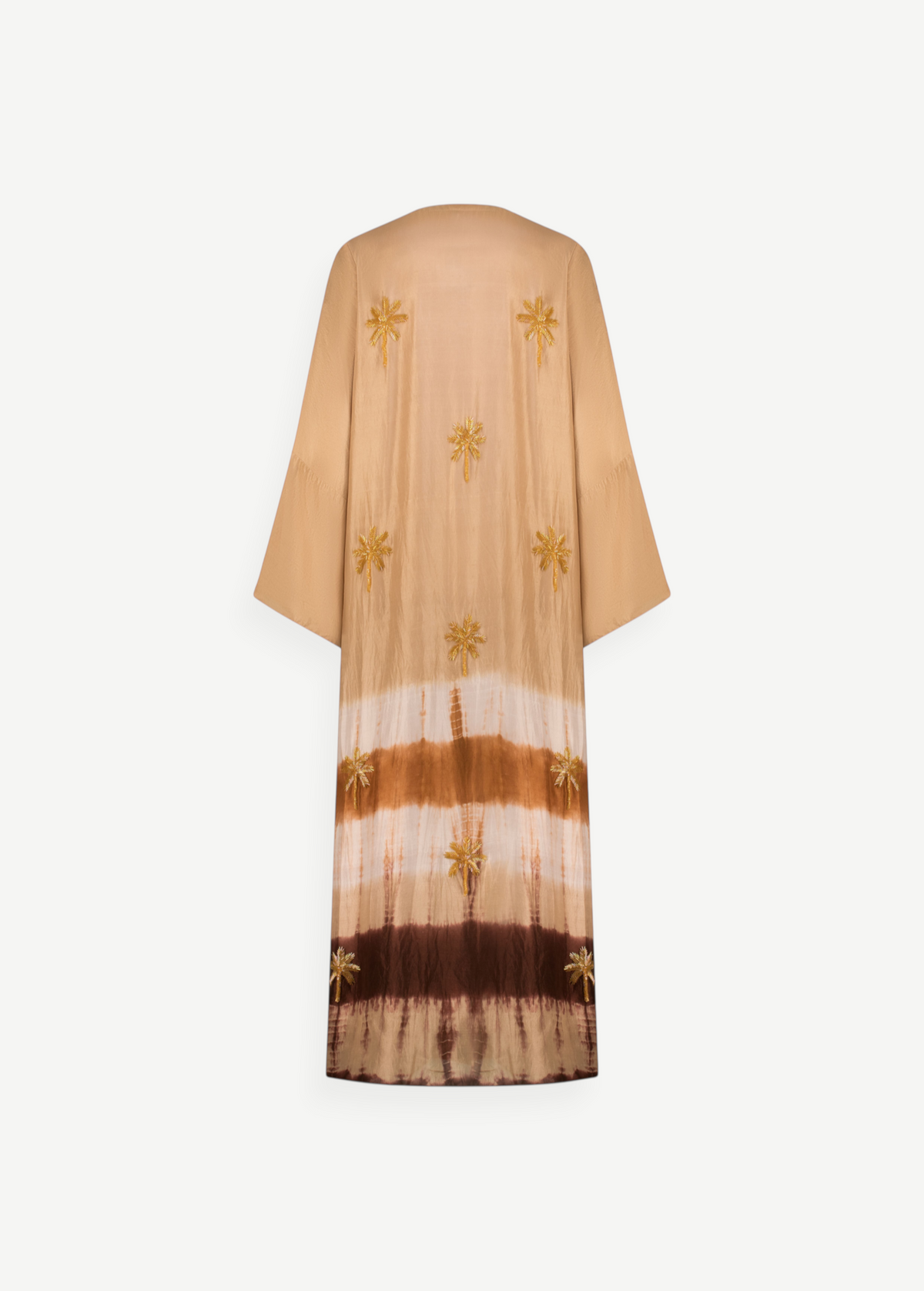 KABE SHOP INC The Sharis raw silk kimono in beige and brown tie-dye with hand-embellished gold palm tree details.