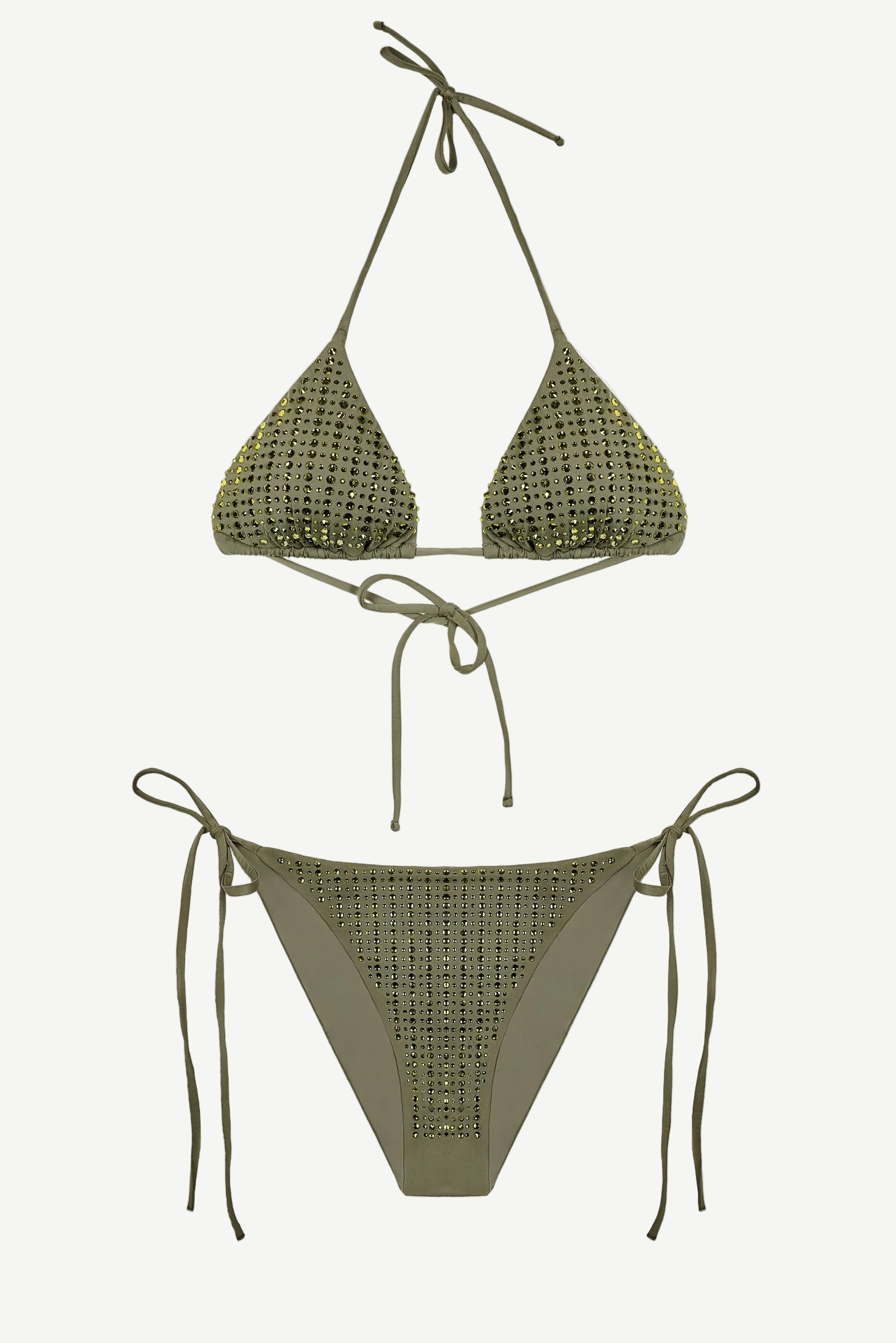 Green bikini set with triangle top and tie-side bottom on a white background