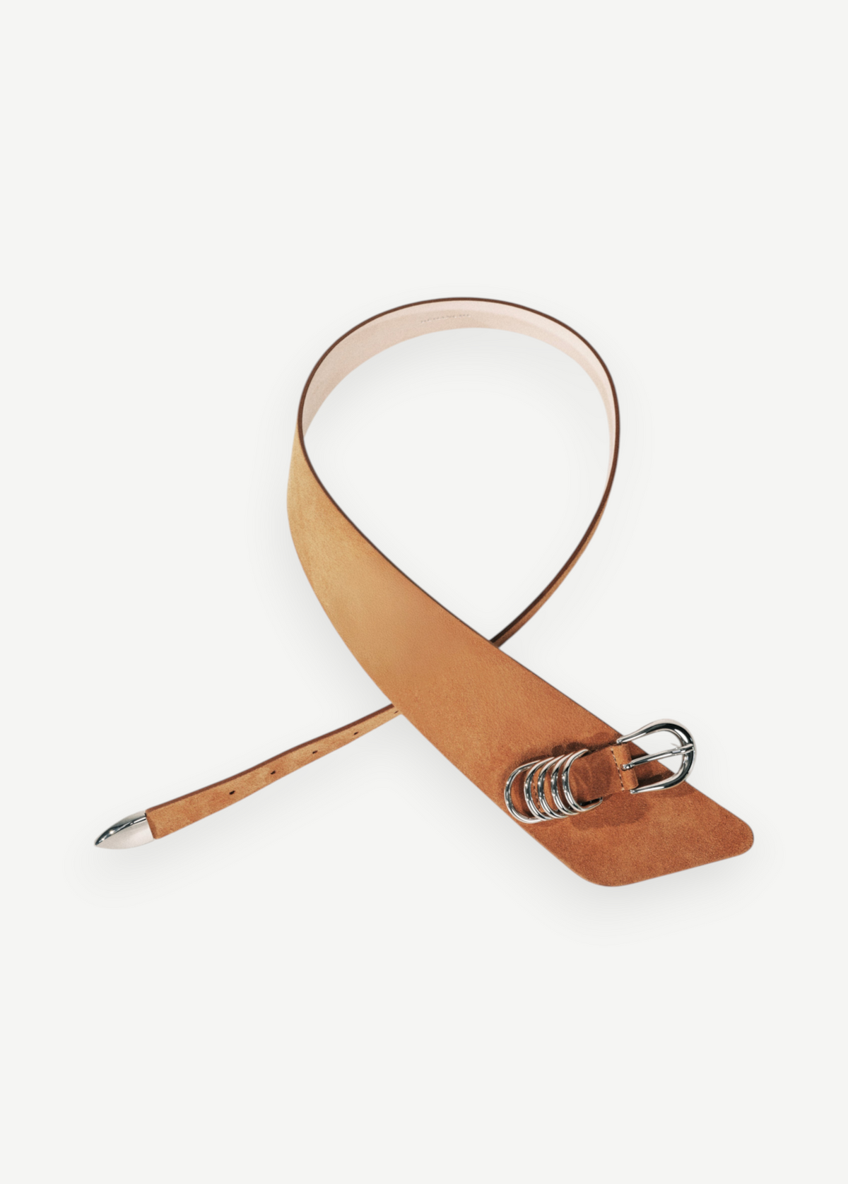 KABE SHOP INC Alcott suede belt in tan with asymmetrical design and silver five-ring hardware detail