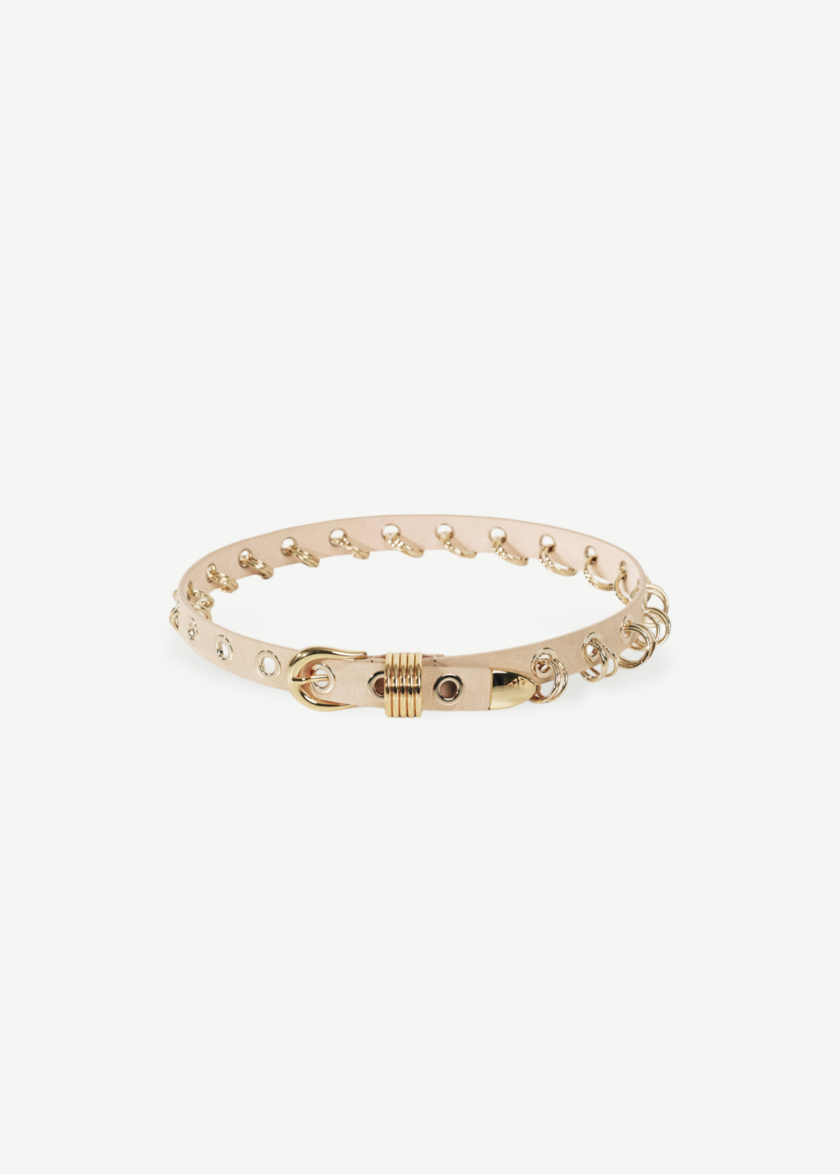 KABE SHOP INC Revenge belt in beige Italian calfskin suede with silver grommets and ring hardware details.