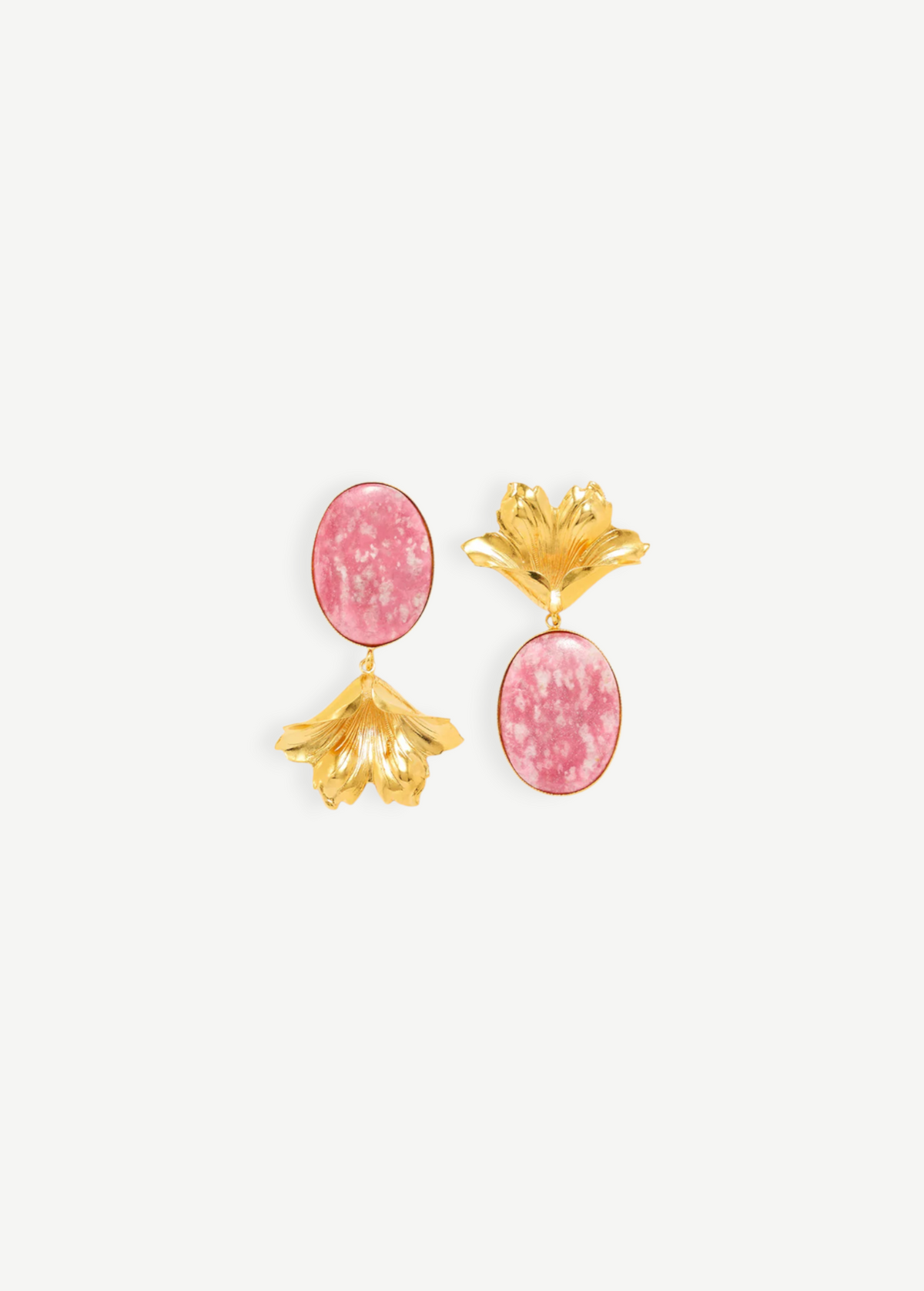 KABE SHOP INC Sonia Petunia Oval earrings featuring gold-plated brass floral shapes and pink Thulite crystal stones.