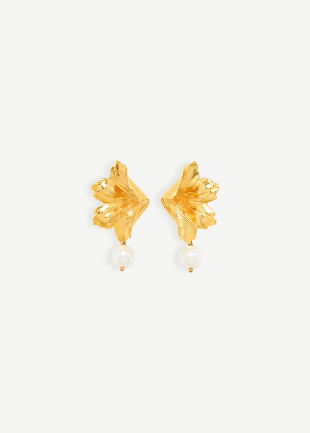 KABE SHOP INC Sonia Petunia Pearl earrings featuring sculptural gold-plated floral designs and freshwater pearls.