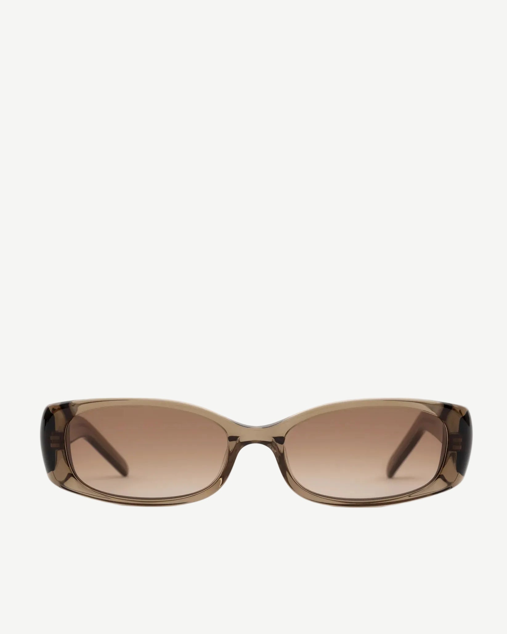 A pair of rectangular brown sunglasses with semi-transparent Mazzucchelli cellulose acetate frames and brown gradient lenses is displayed against a plain white background.