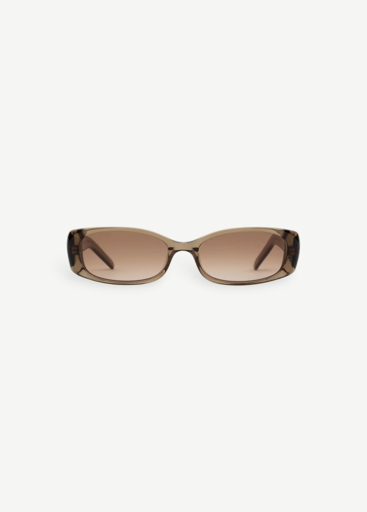 A pair of rectangular brown sunglasses with semi-transparent Mazzucchelli cellulose acetate frames and brown gradient lenses is displayed against a plain white background.