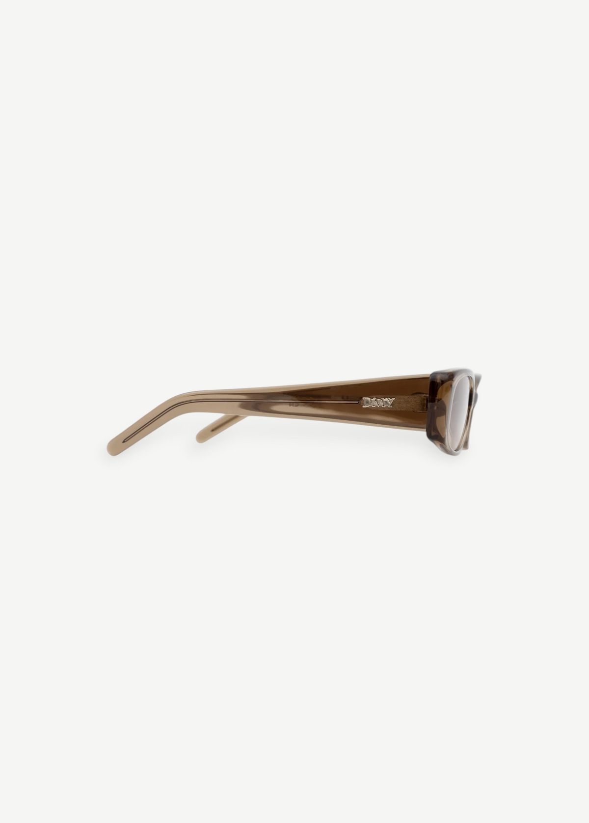 A side view of brown, semi-transparent rectangular sunglasses named Billy, featuring thick frames and the DKNY logo on the temple, set against a plain white background.