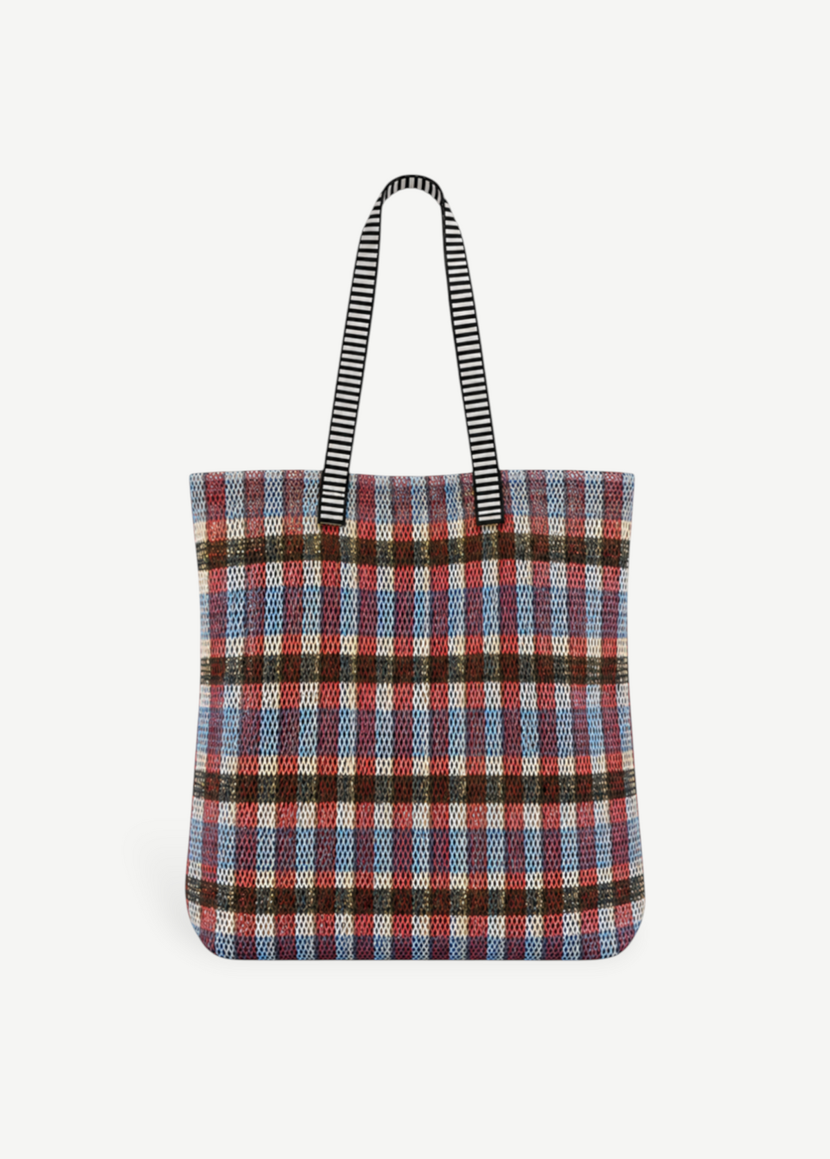 KABE SHOP INC Kanpur bag featuring a vibrant multi-colored plaid woven textile pattern and black striped handles.