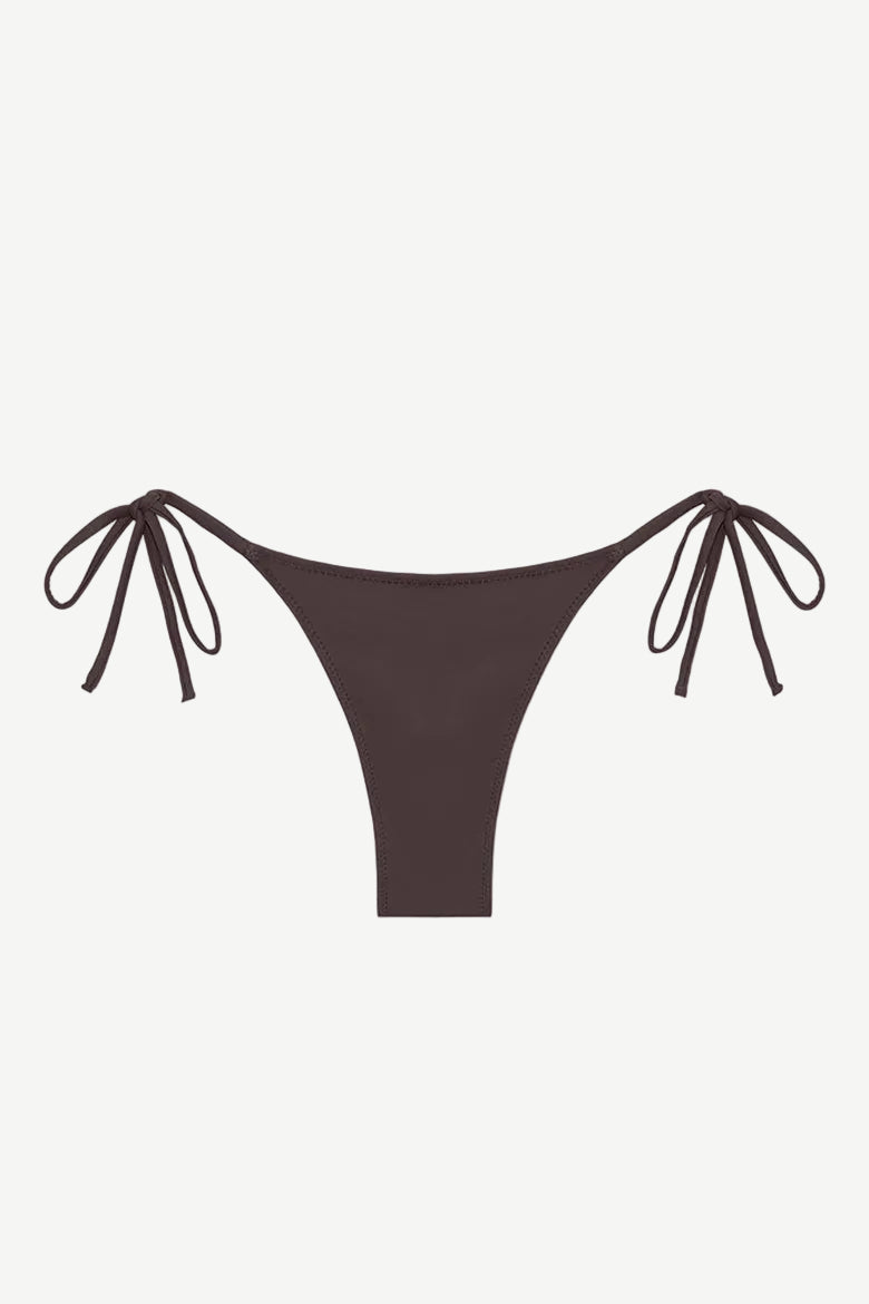 The Praia Bottom is a brown triangle bikini bottom with side ties, made from eco-friendly swimwear materials and shown against a white background.