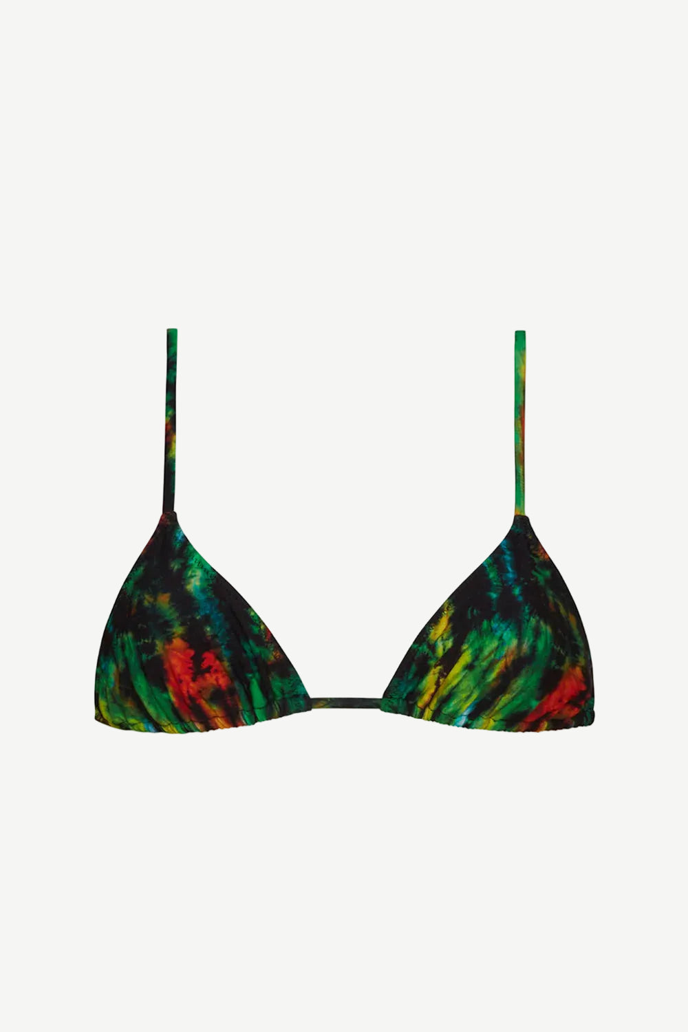 The Equator Top is a triangle bikini featuring adjustable string ties and thin straps, showcasing a vibrant tie-dye pattern in green, yellow, and red on a black background. Made from recycled nylon swimwear fabric, it combines style with sustainability.
