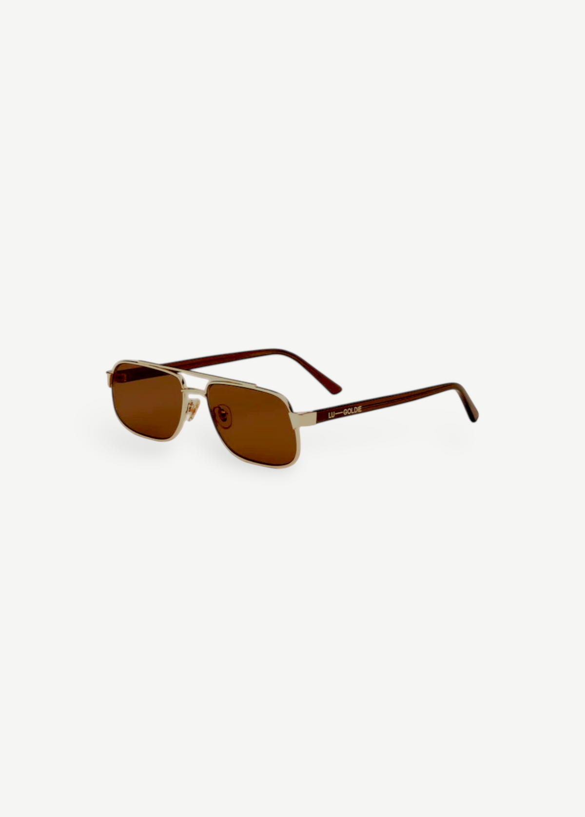 The Evangeline sunglasses feature brown lenses, thin gold stainless steel frames, and dark arms, offering reliable UV protection—all shown against a white background.