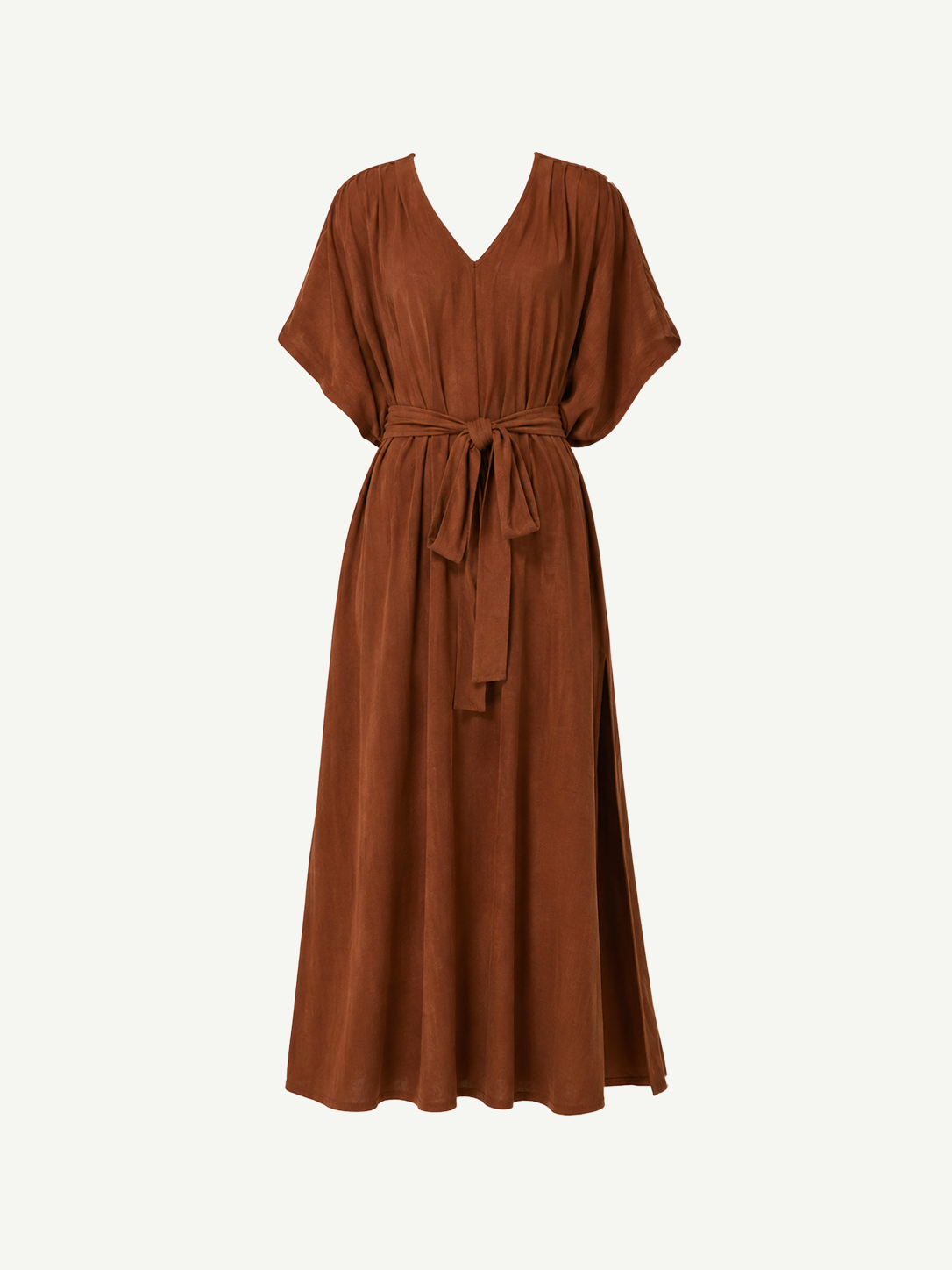Brown short-sleeve, V-neck Kaftan maxi dress featuring a matching waist tie, relaxed silhouette, and slightly flared skirt, displayed on a plain white background for an effortlessly elegant look.
