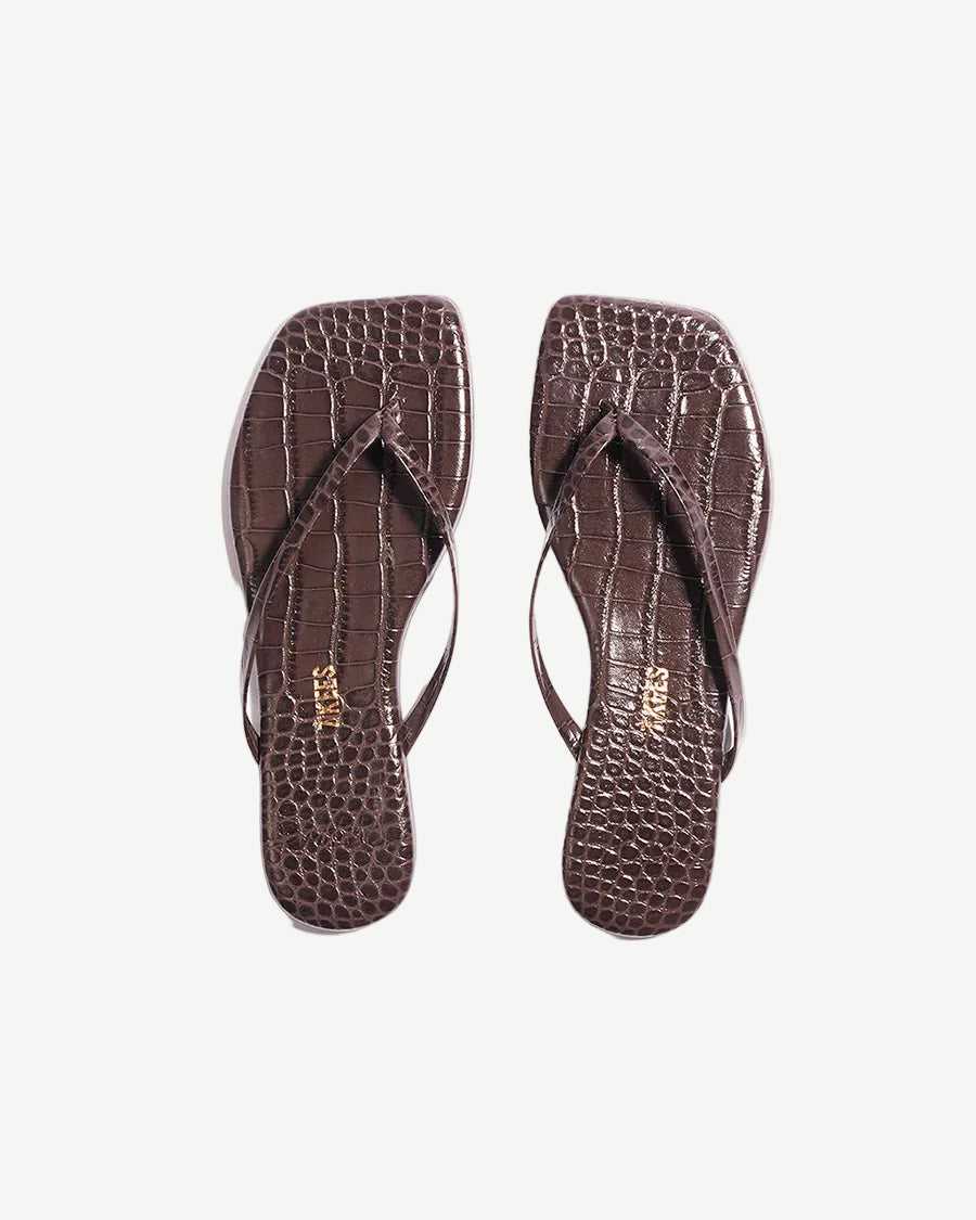 Pair of brown flip-flops with a textured pattern on a white background