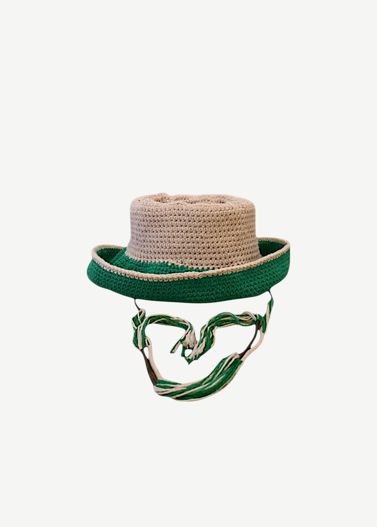 KABE SHOP INC handcrafted crochet hat in beige and green with a matching chin strap for sun protection