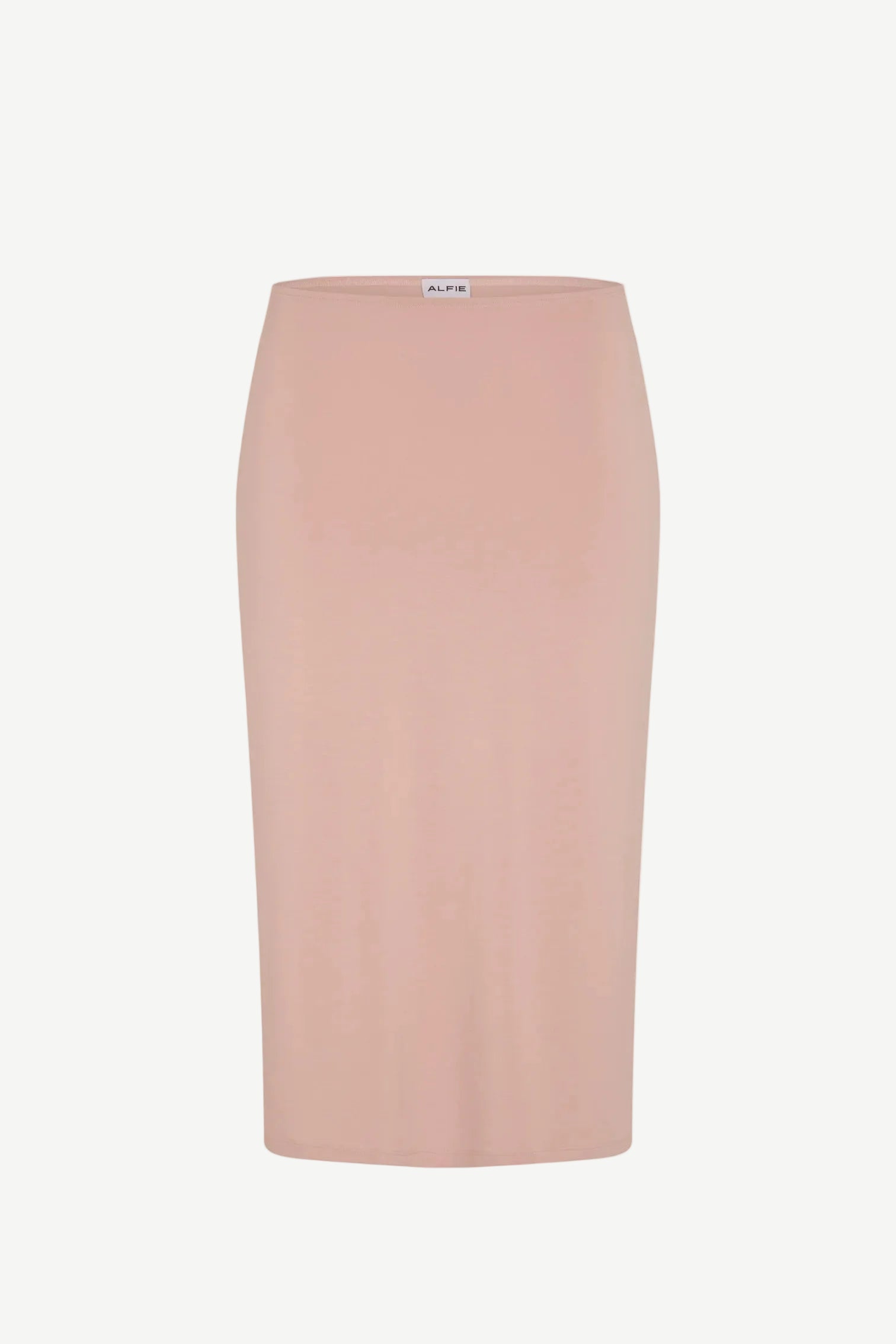 A minimalist tube skirt in light pink, designed to fall at knee length and displayed against a white background. This skirt offers a simple, straight silhouette with a fitted waist and no visible patterns or embellishments.