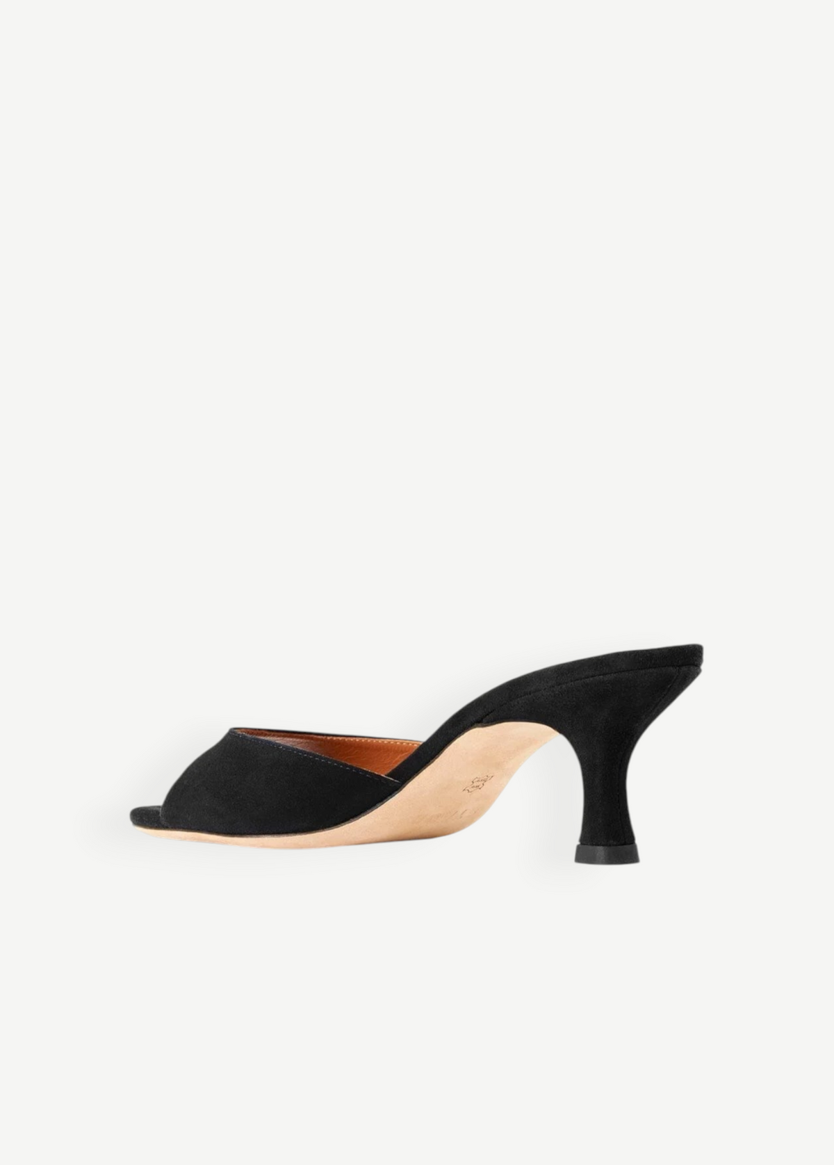 KABE SHOP INC Brigitte black suede mule heel with a refined silhouette and kitten heel, side view