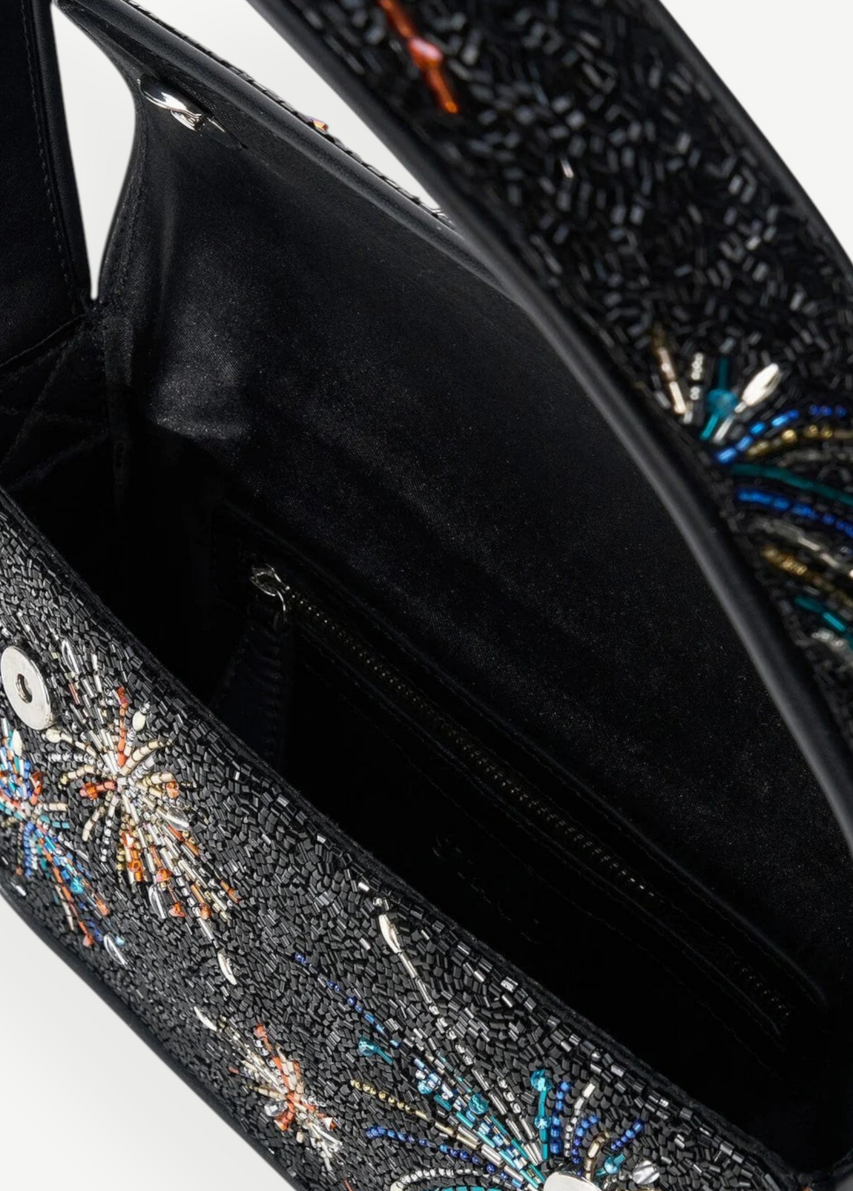KABE SHOP INC Tommy shoulder bag in black with intricate multi-coloured beaded firework patterns and silver hardware