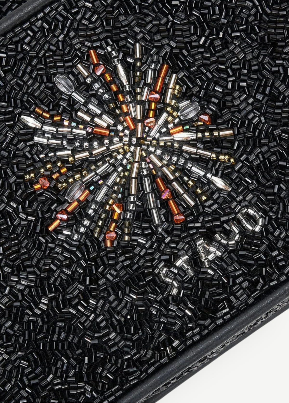 KABE SHOP INC Tommy shoulder bag featuring intricate black beadwork with a central firework-inspired crystal design.