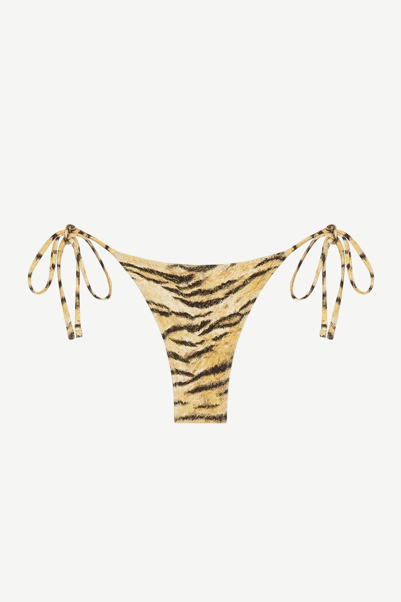 Praia Bottom bikini with a tiger print and adjustable side ties, crafted from recycled nylon and displayed on a white background.