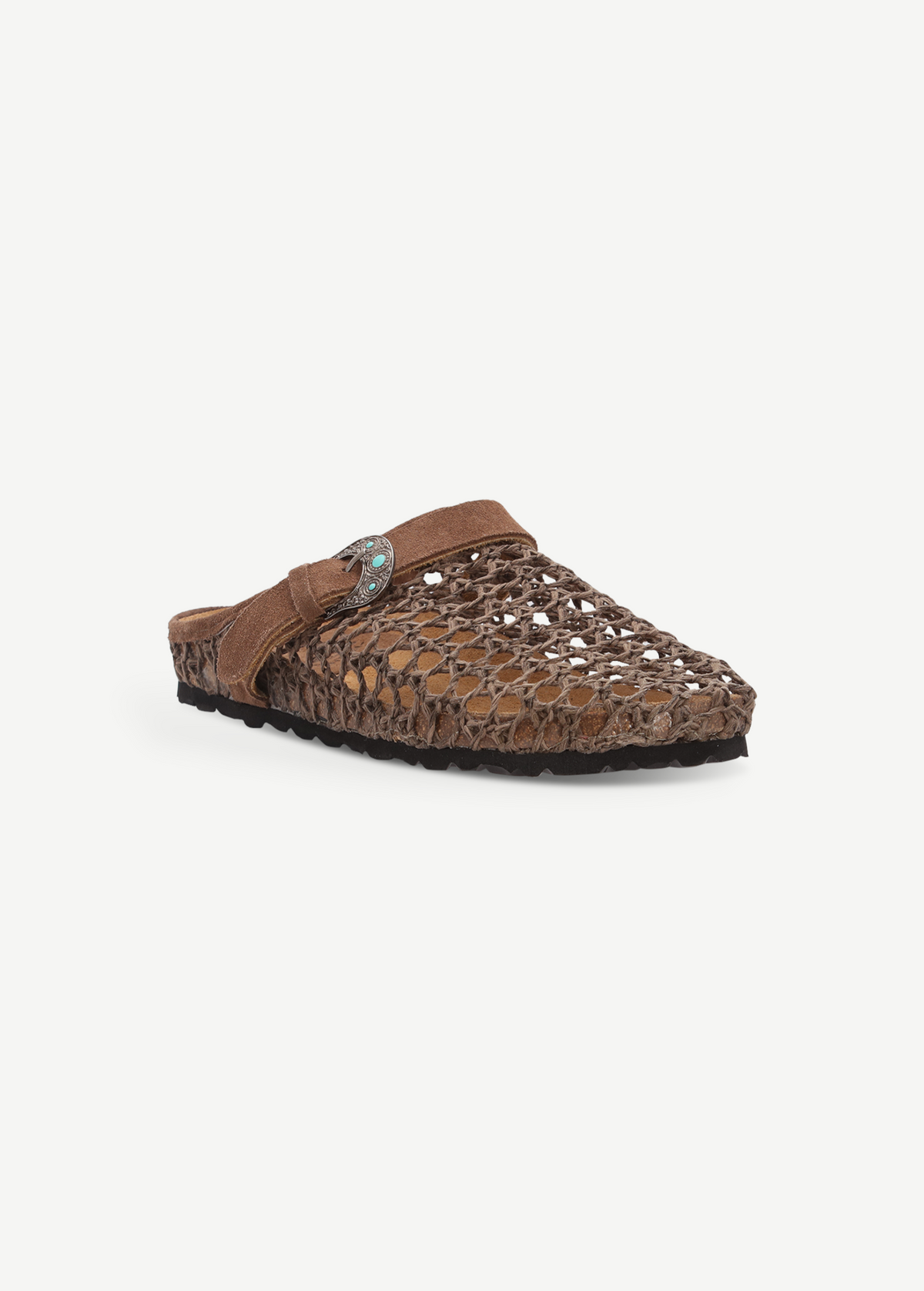 KABE SHOP INC Thais Mat Intreccio sabots in rustic green with a woven design, suede strap, and decorative buckle.