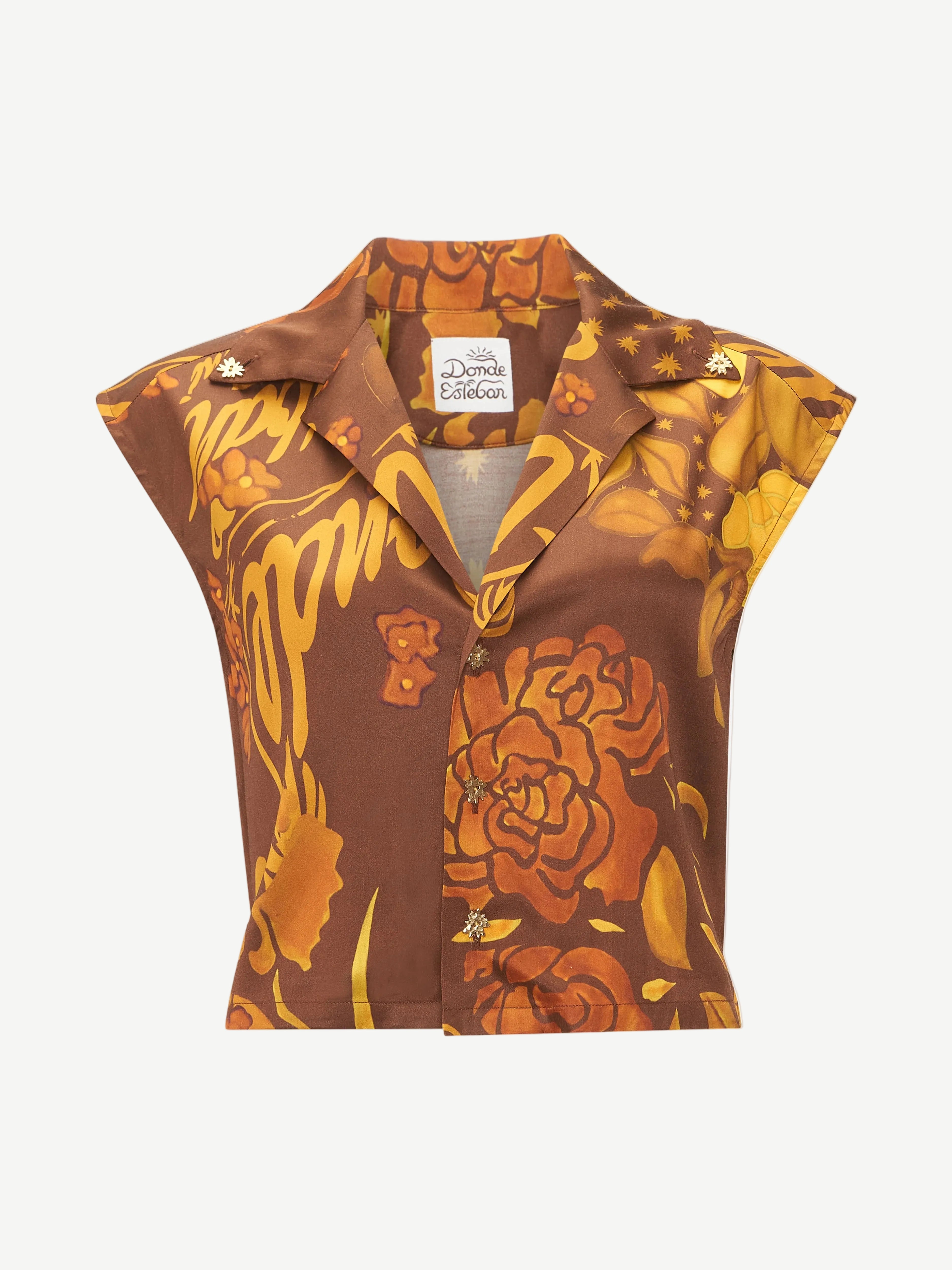Brown floral patterned shirt on a white background