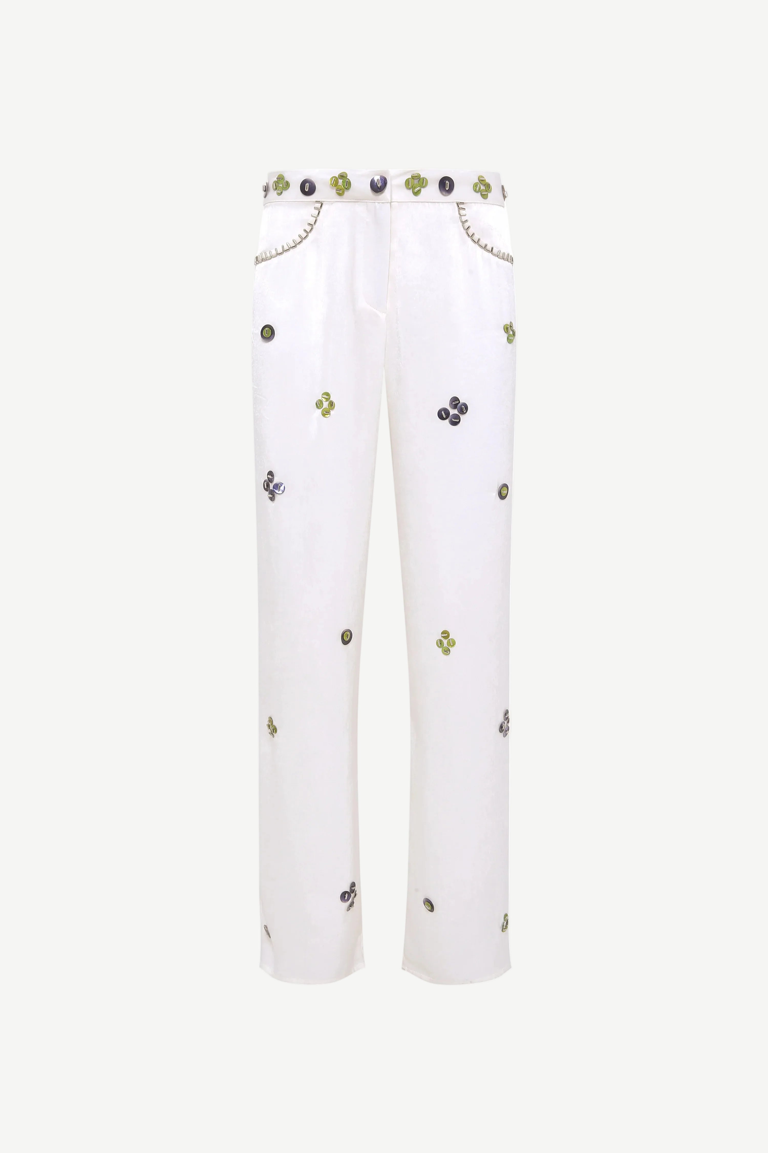 White pants with small colorful patterns on a white background