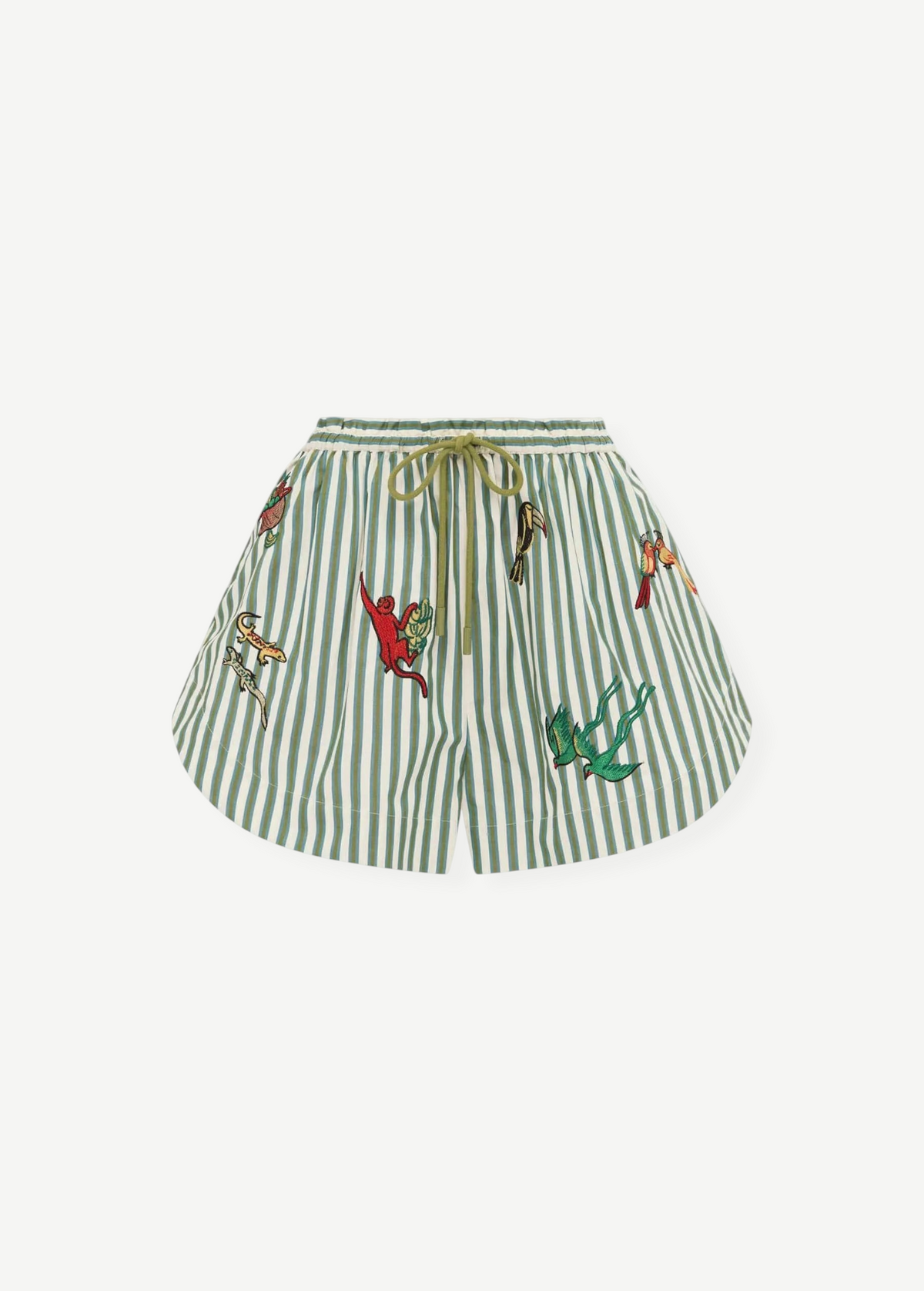 KABE SHOP INC Bisou relaxed jogger shorts in green and white stripes with colorful embroidered animal motifs