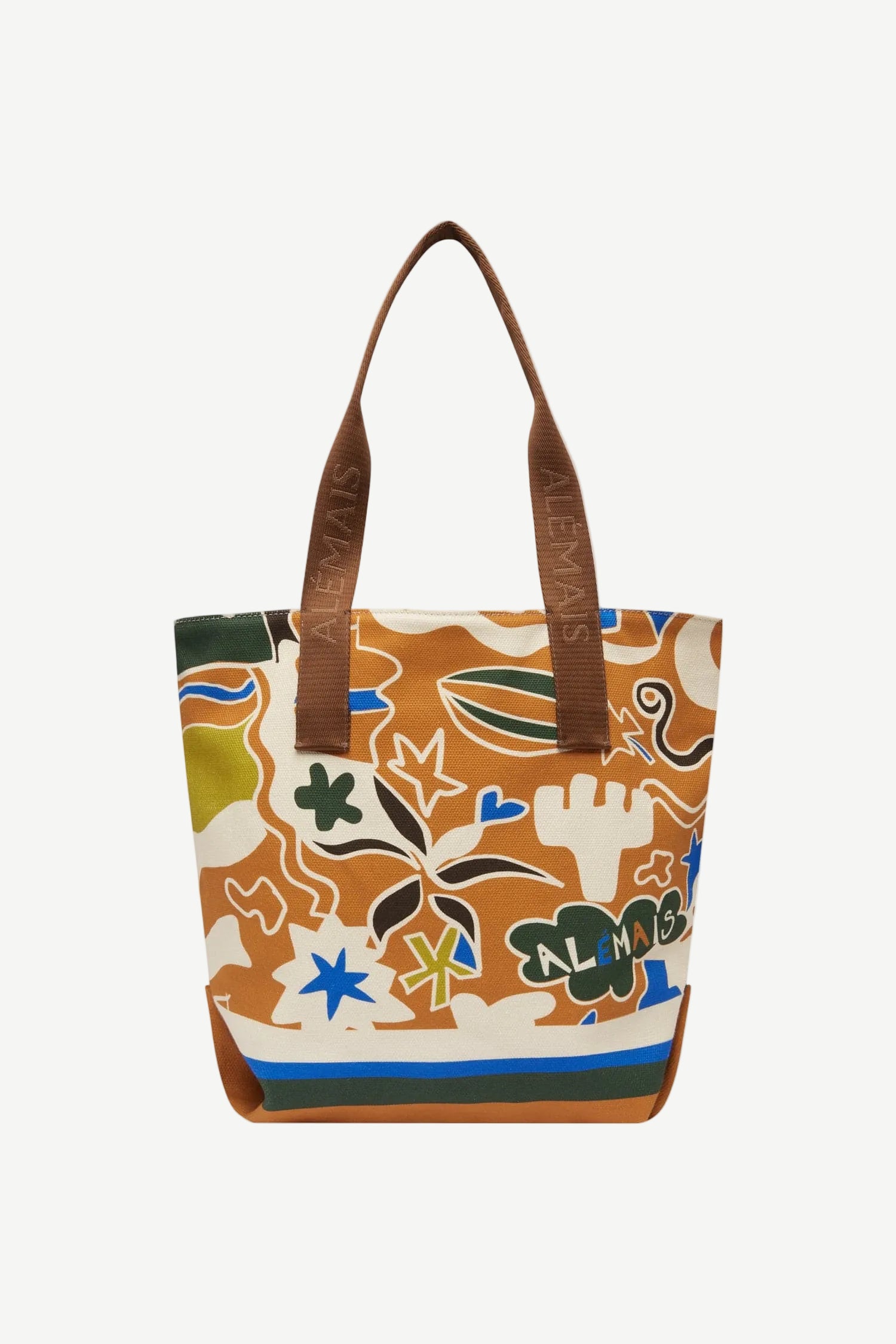 Tote bag with floral pattern and brown handles on a white background