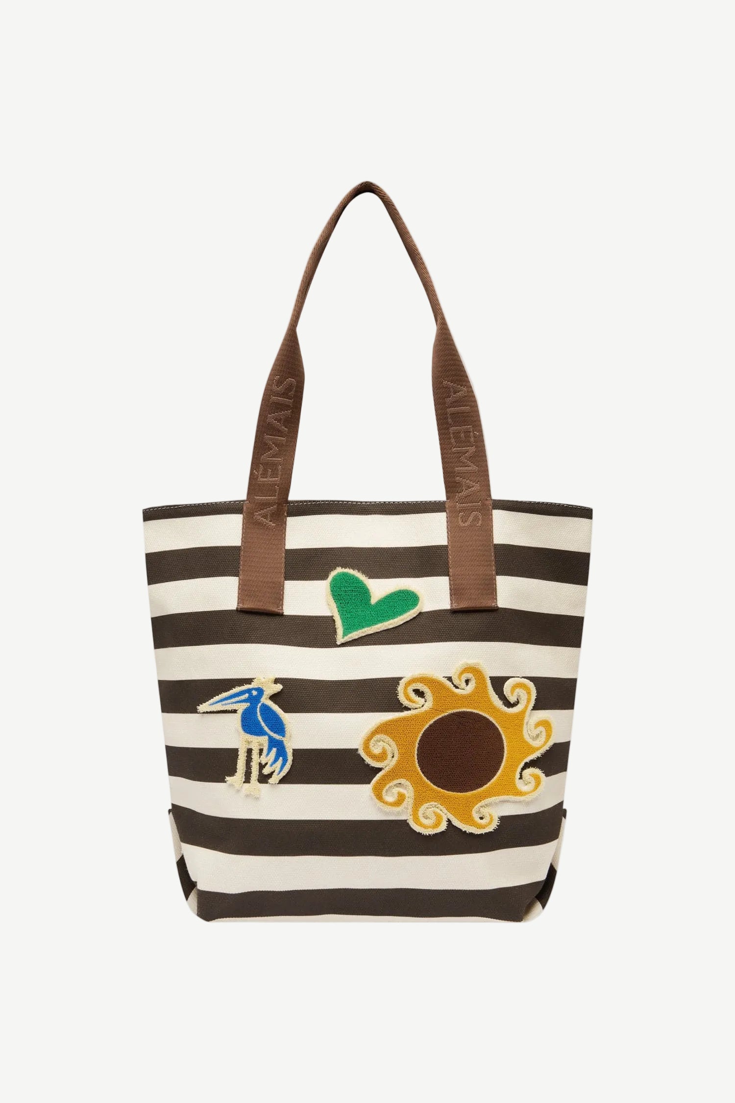 Striped tote bag with cartoon characters on a white background