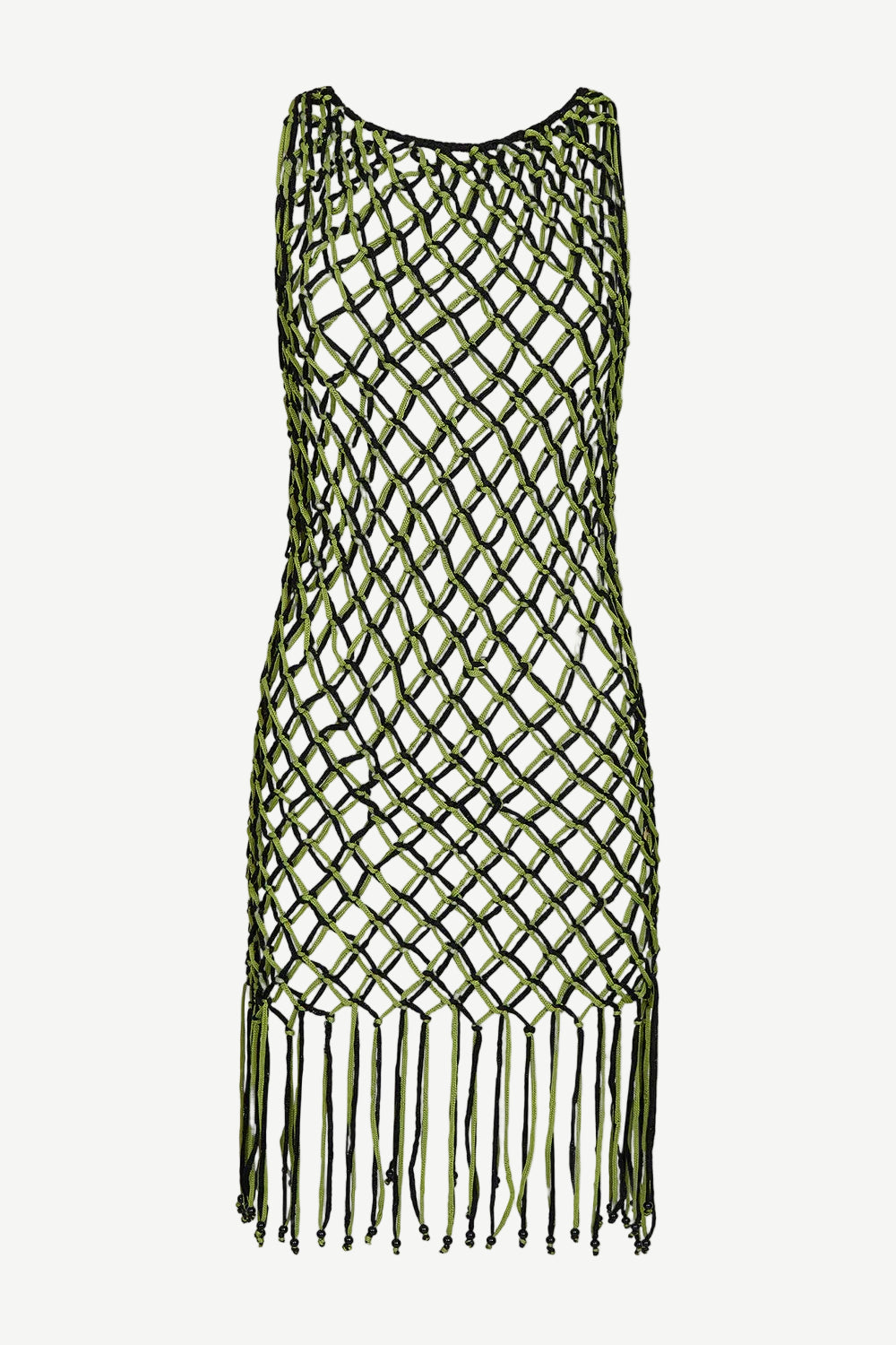The Castaway Dress is a sleeveless macrame tunic dress crafted from green and black knotted netting with large diamond-shaped openings and long beaded fringe at the hem, handmade in Peru.