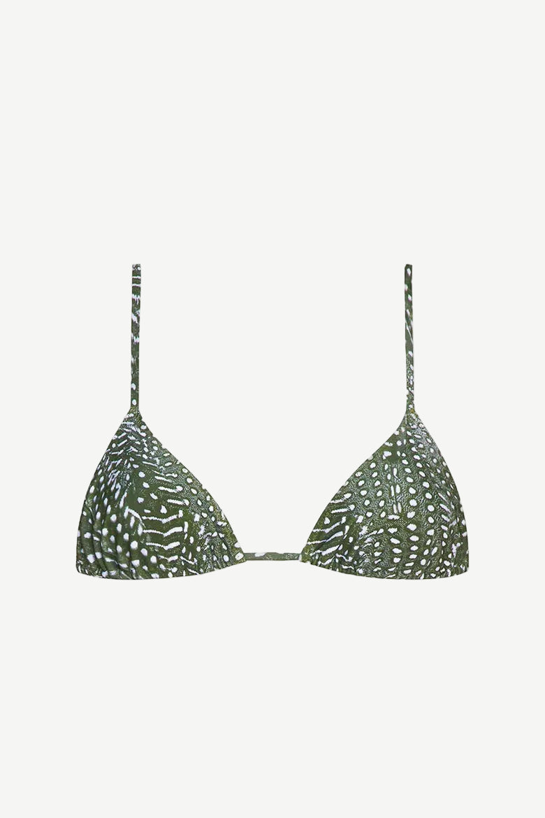 Equator Top Swimwear: A green triangle bikini top made from recycled nylon, featuring a white dotted pattern, thin adjustable shoulder straps, and a minimalist design, shown against a plain white background.
