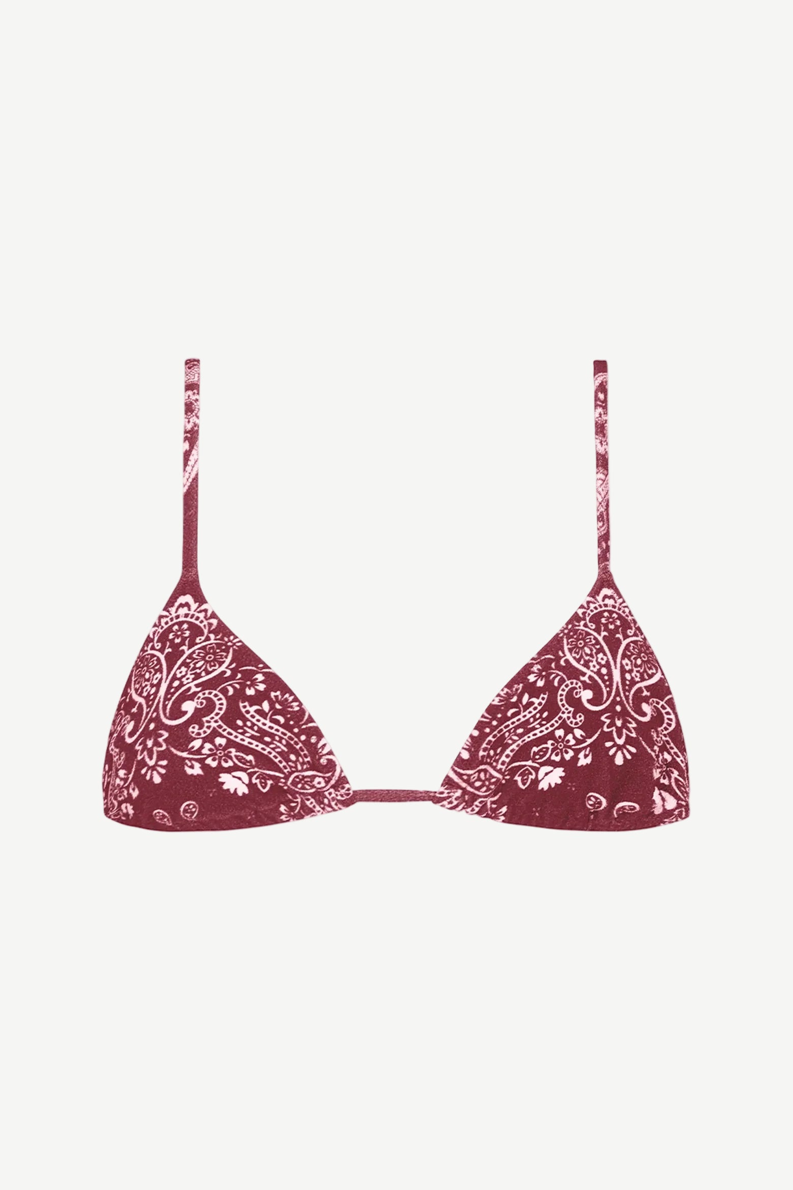 The Equator Top is a maroon triangle bikini top featuring thin straps and a white paisley pattern, crafted from eco terry fabric for comfort and sustainability, displayed on a plain white background.