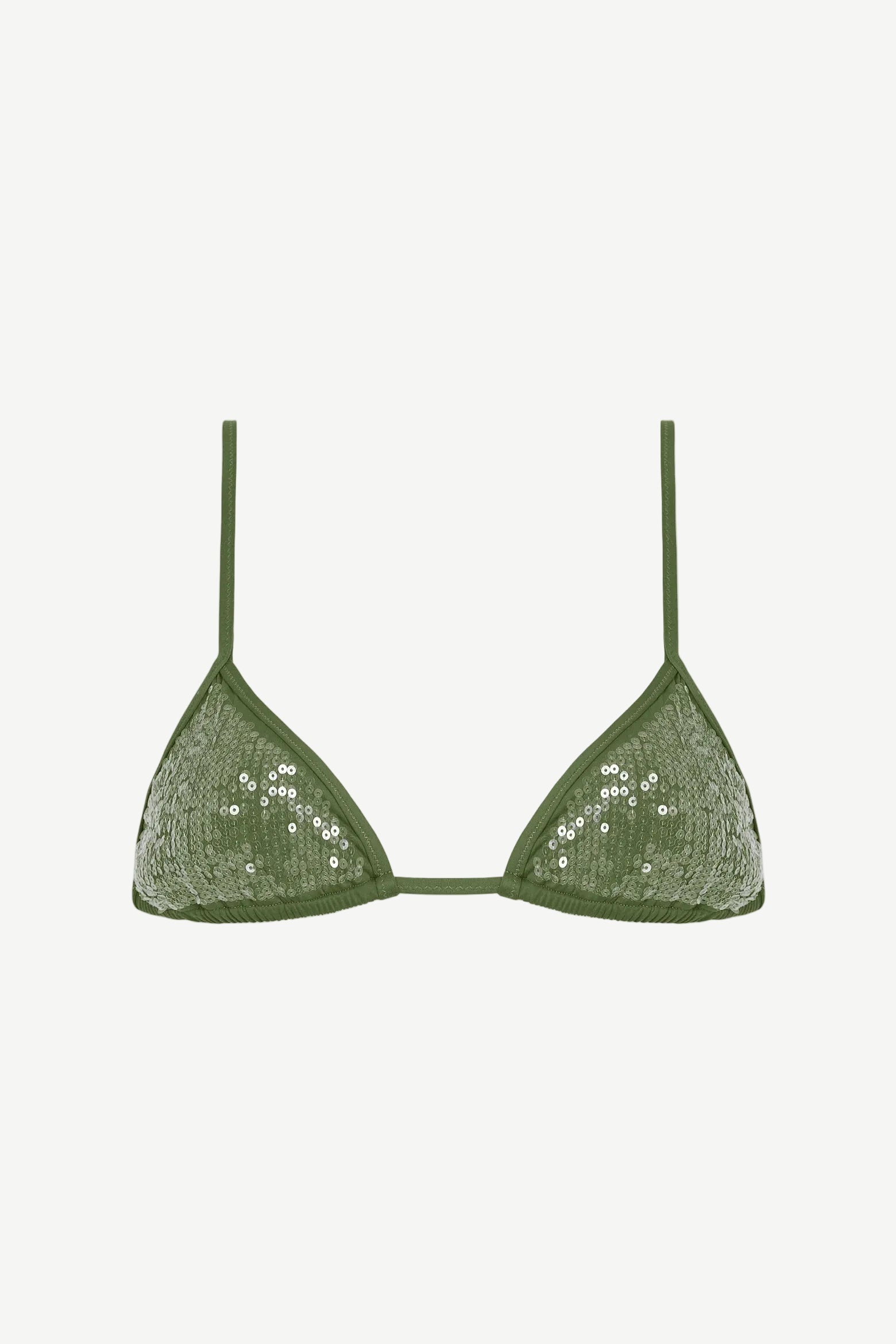 The Equator Top is an olive green triangle bikini top with a sequin overlay, featuring thin adjustable straps and triangular cups, displayed on a white background.