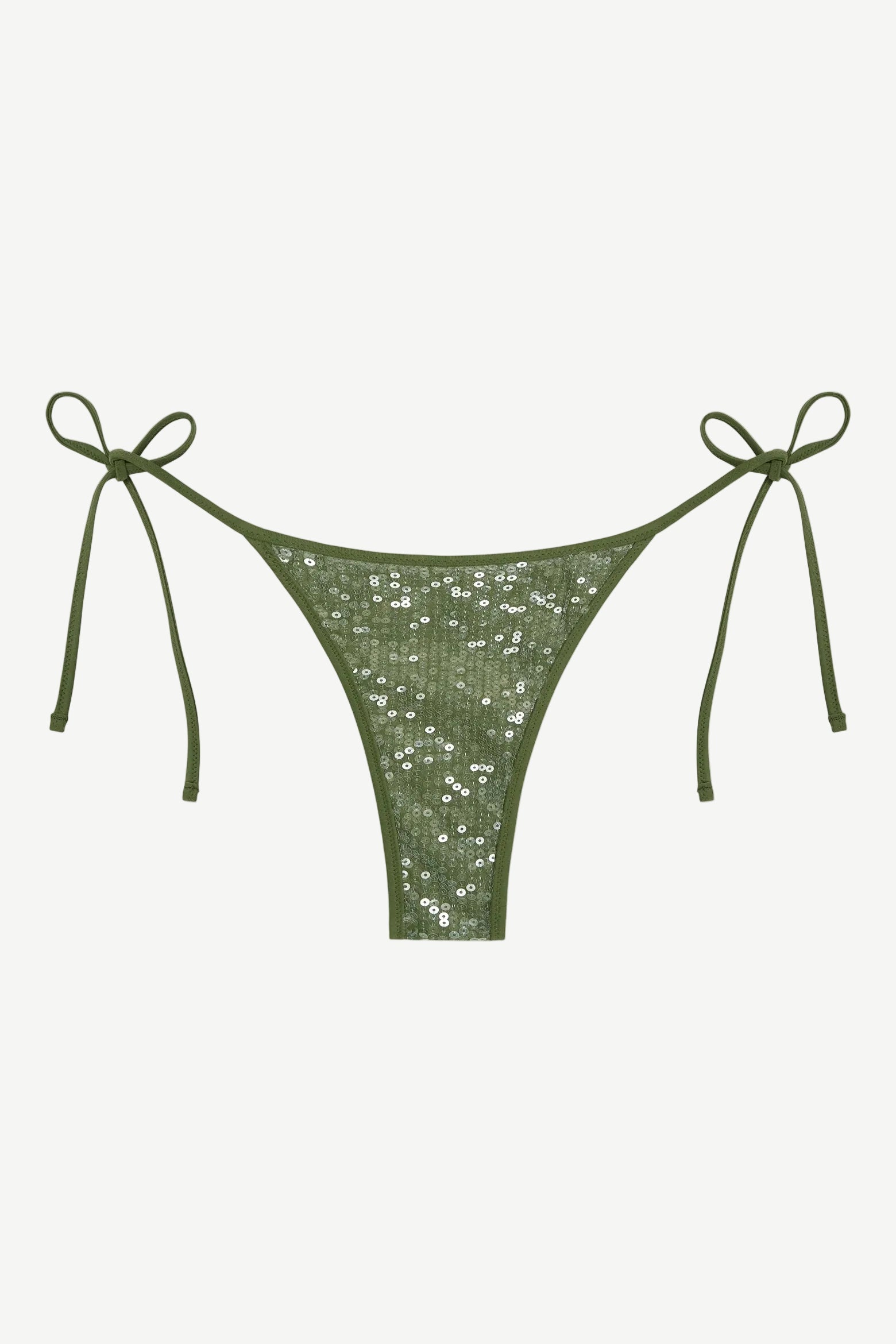 Praia Bottom in olive green with a sparkling sequin overlay and adjustable side ties, displayed on a white background.