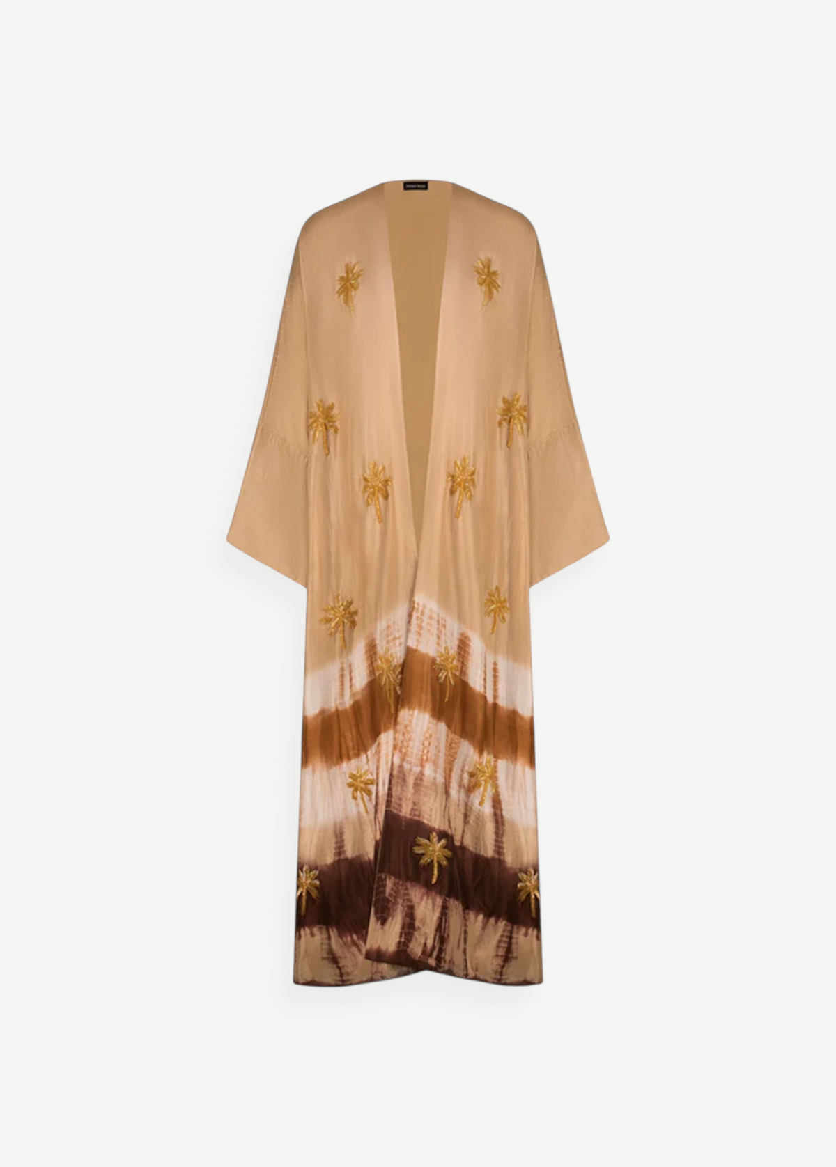 KABE SHOP INC The Sharis Kimono in raw silk with brown tie-dye pattern and hand-embellished gold palm tree details.