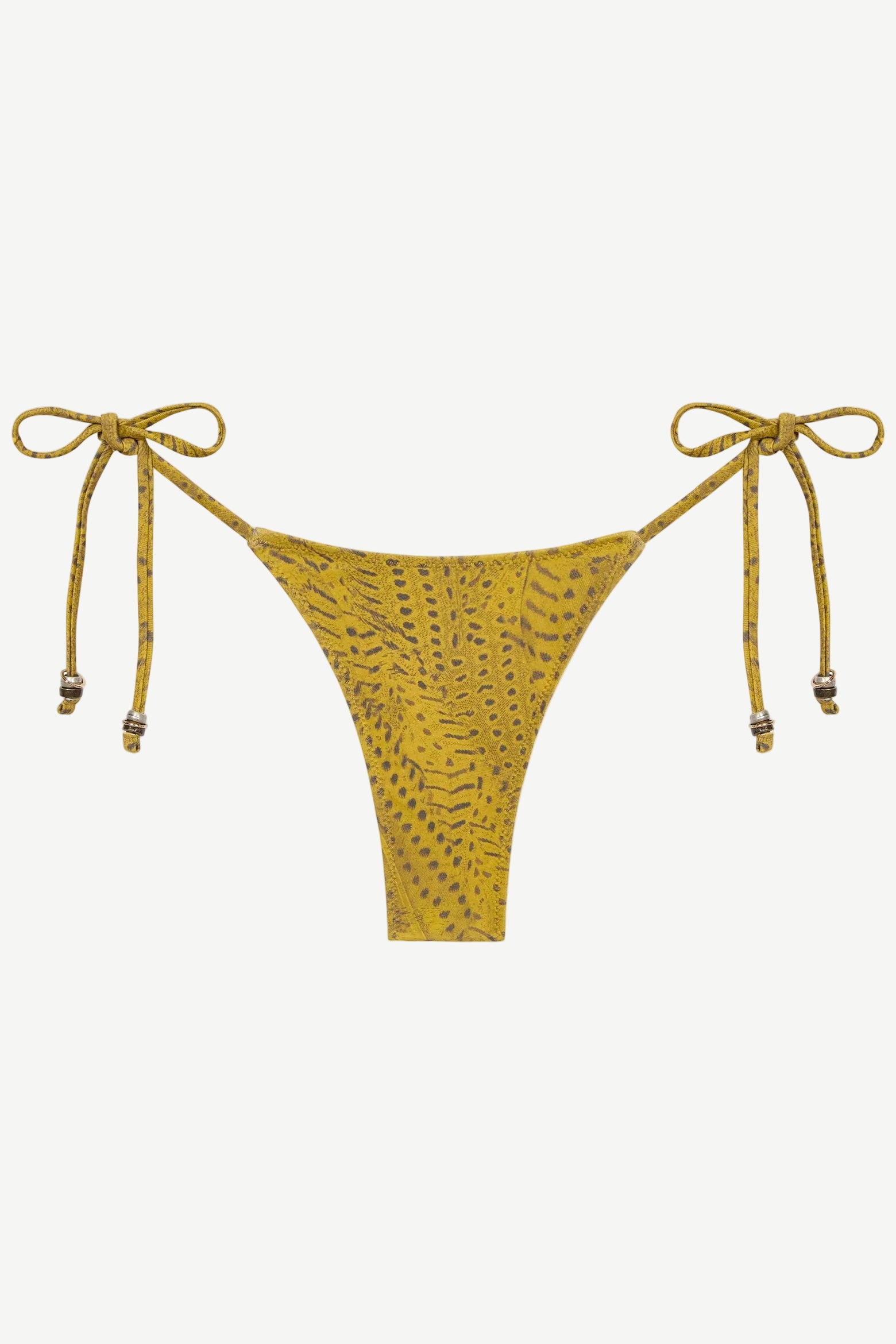 The Praia Bottom is a yellow bikini bottom with a subtle dotted pattern and adjustable side ties, each embellished with small decorative beads. Designed as eco-friendly swimwear, this piece is shown against a plain white background.