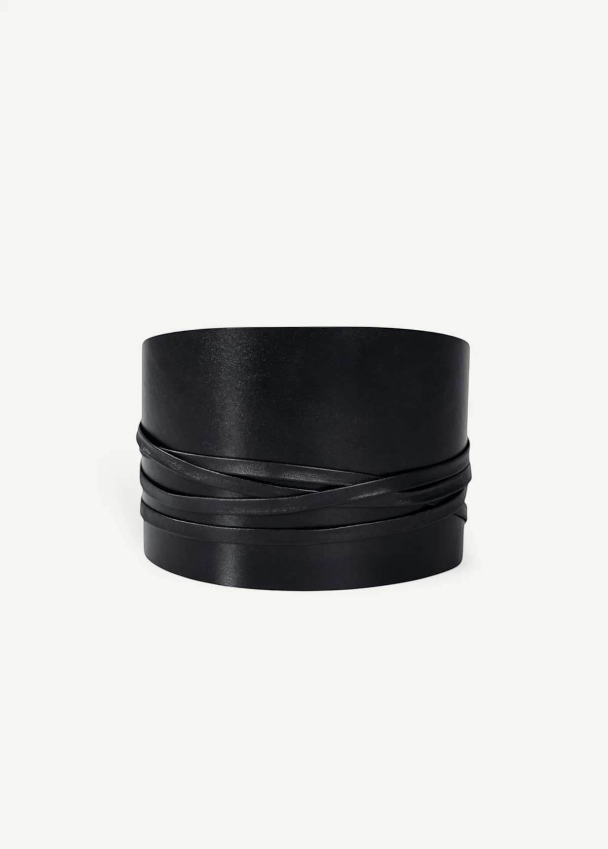 KABE SHOP INC black calfskin Undone Corset Belt featuring a wide, sculpted design with wrap-around leather straps.