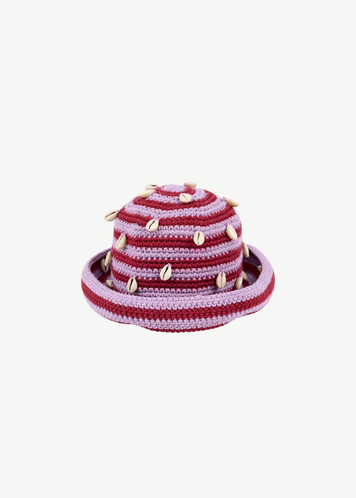 KABE SHOP INC handmade crochet hat in pink and burgundy stripes with decorative white seashells, Tulum style.