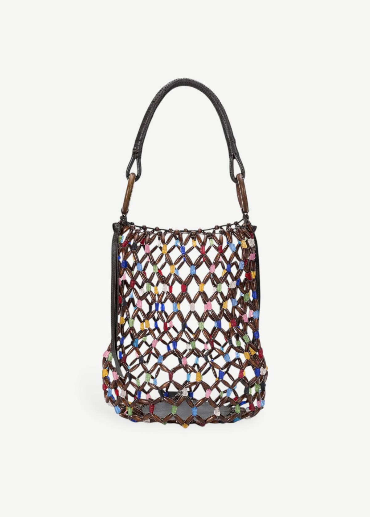 KABE SHOP INC Del Mar bucket bag featuring a brown wooden beaded net design with colorful accents and a leather handle.