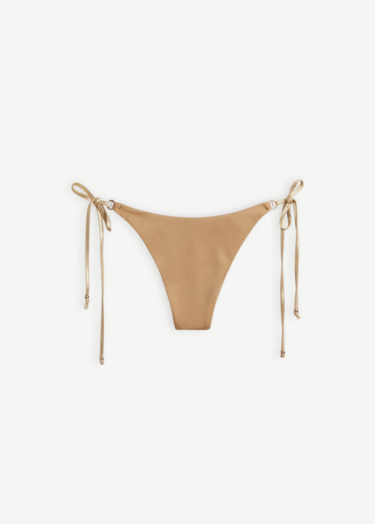 KABE Diva gold shimmering Lycra bikini bottom with adjustable side ties and refined gold-tone hardware.